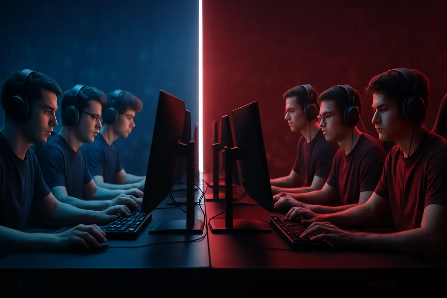 Two esports teams competing on stage under arena lighting at a League of Legends tournament