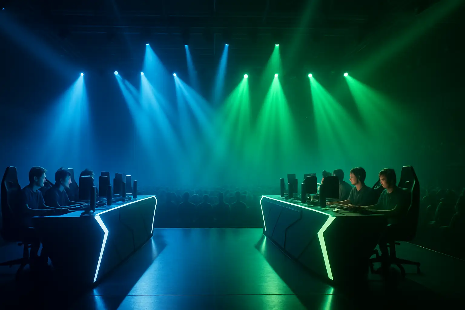 Two esports teams competing on stage under colorful arena lighting with a crowd watching