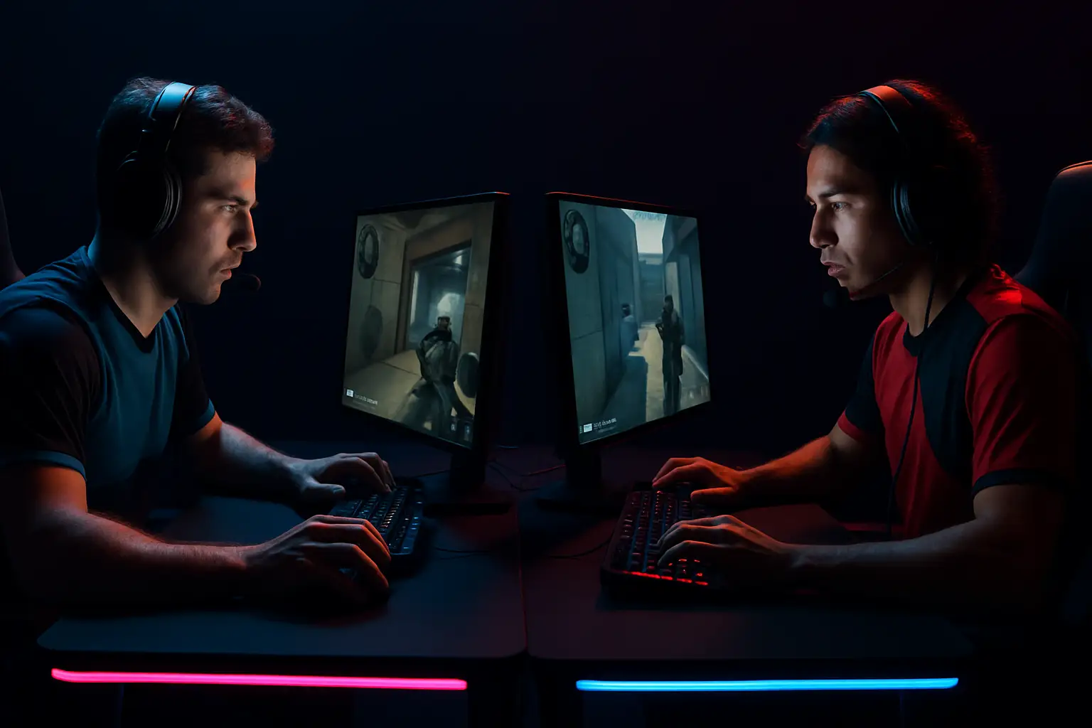 Two esports players competing in VALORANT on stage with glowing monitors