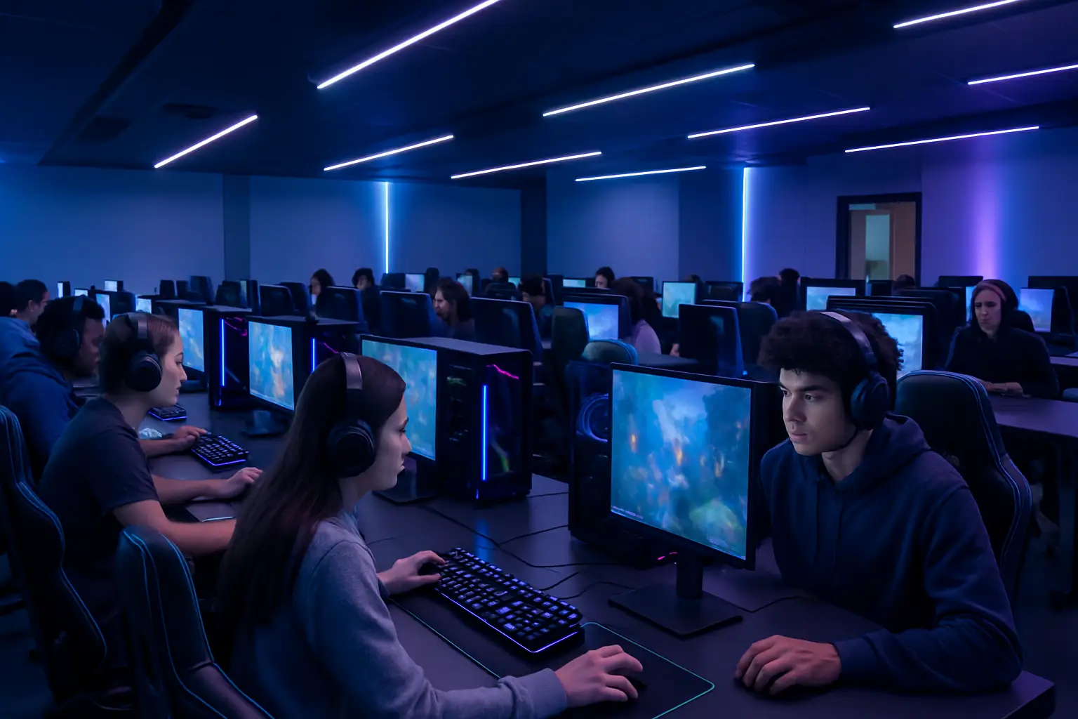 Students competing at gaming stations inside a college esports center
