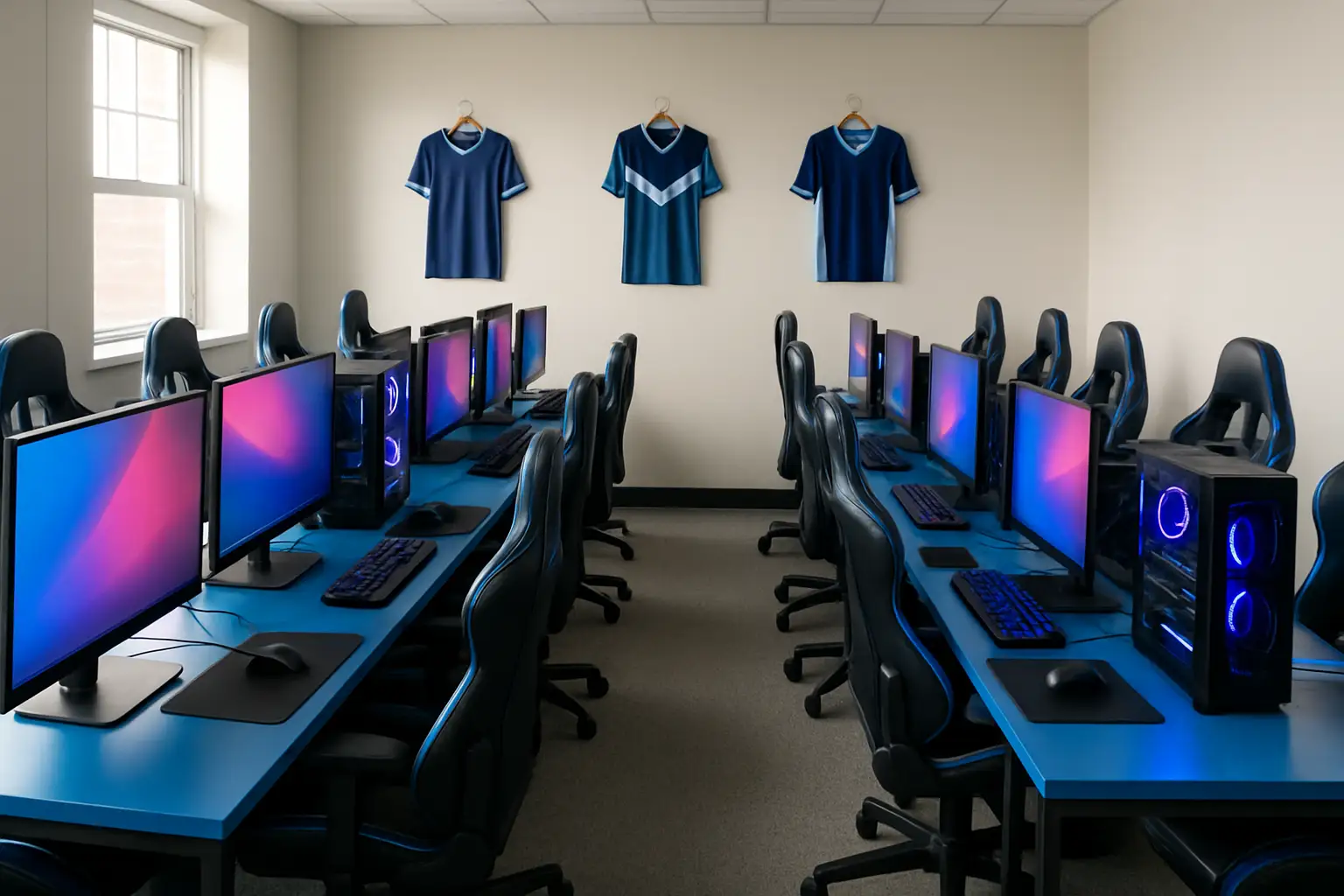 Students competing at gaming stations inside a college esports center