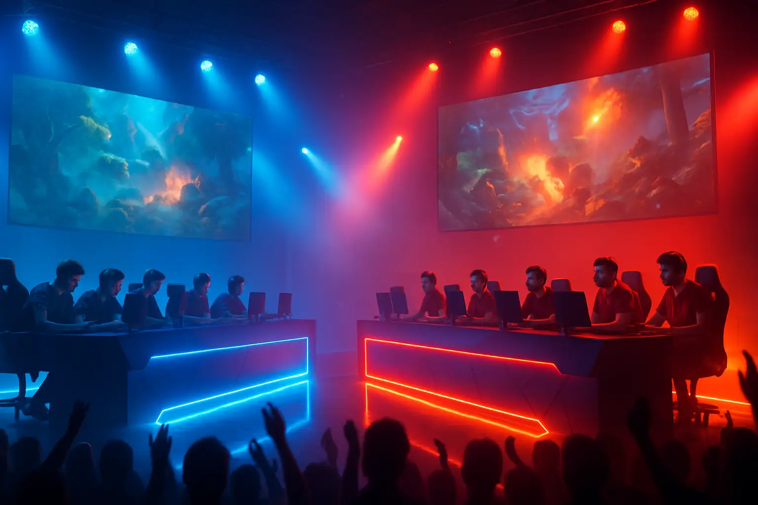 Two esports teams facing off on a digital arena stage with glowing screens and crowd in the background