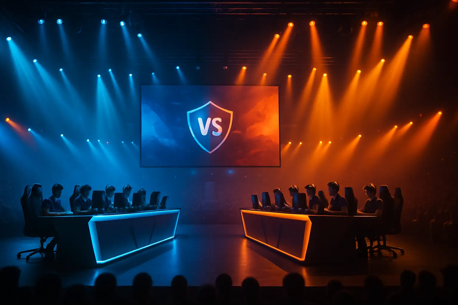 Two esports teams competing on stage at a large international Rainbow Six Siege tournament
