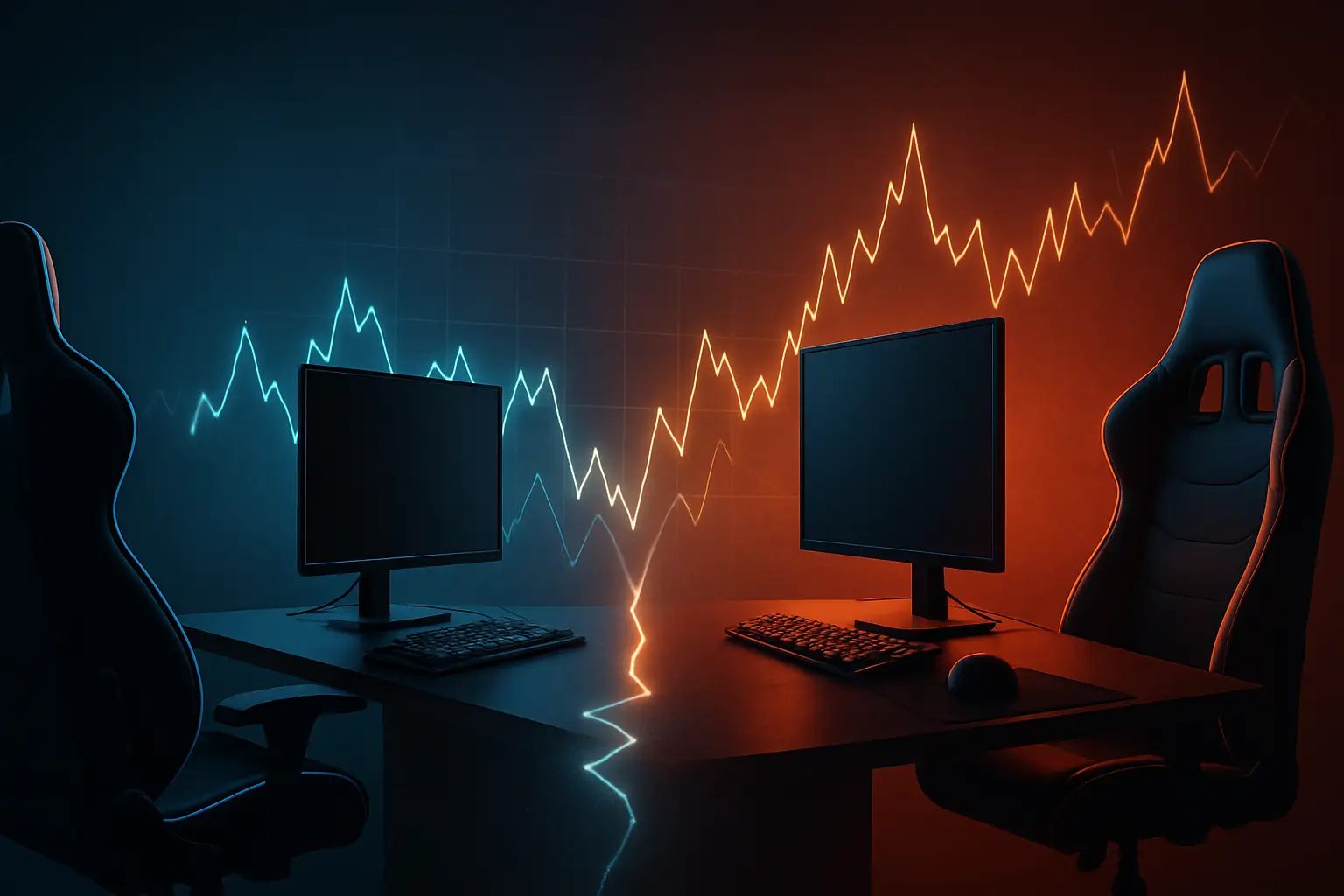 Two esports teams facing off on a digital arena stage with prediction market price charts overlaid