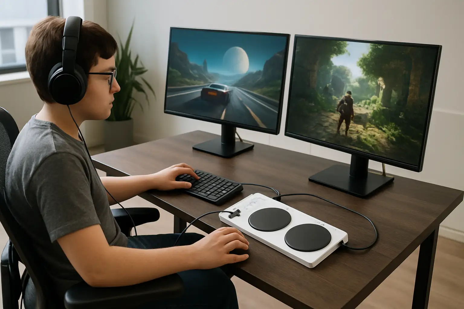 A person using adaptive gaming equipment at a professional esports workstation in a modern office setting