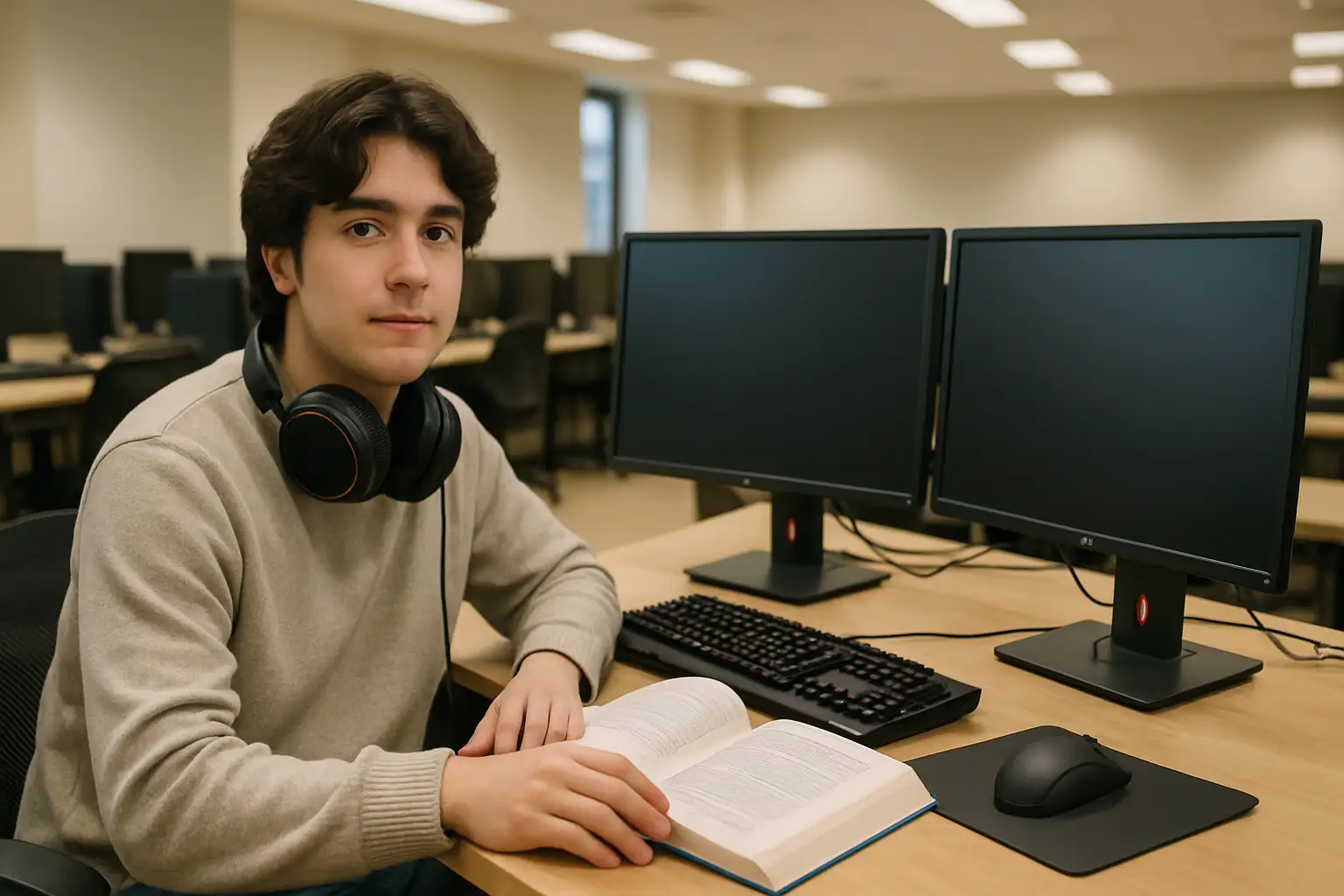 A university student wearing headphones sitting at a gaming setup in a campus lab environment