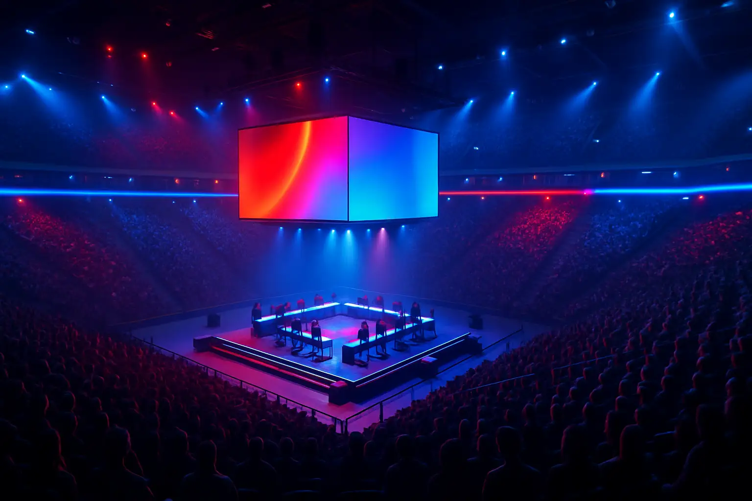 Esports arena in Riyadh lit up with colorful LED displays during a major tournament