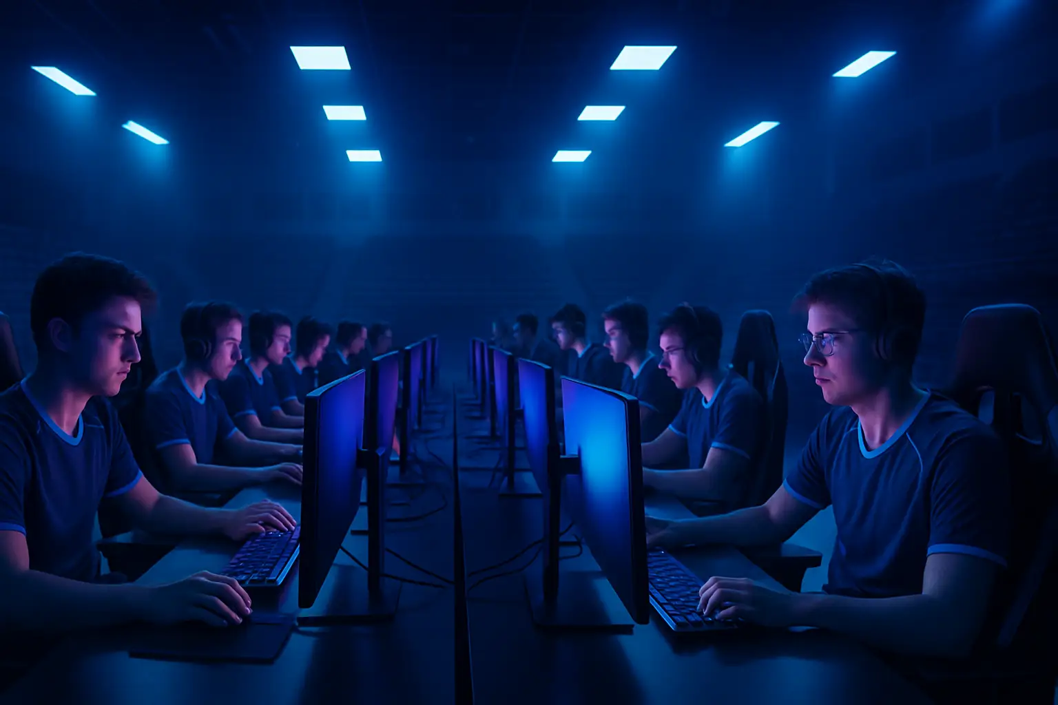 Students competing in an esports tournament in a university gaming lab