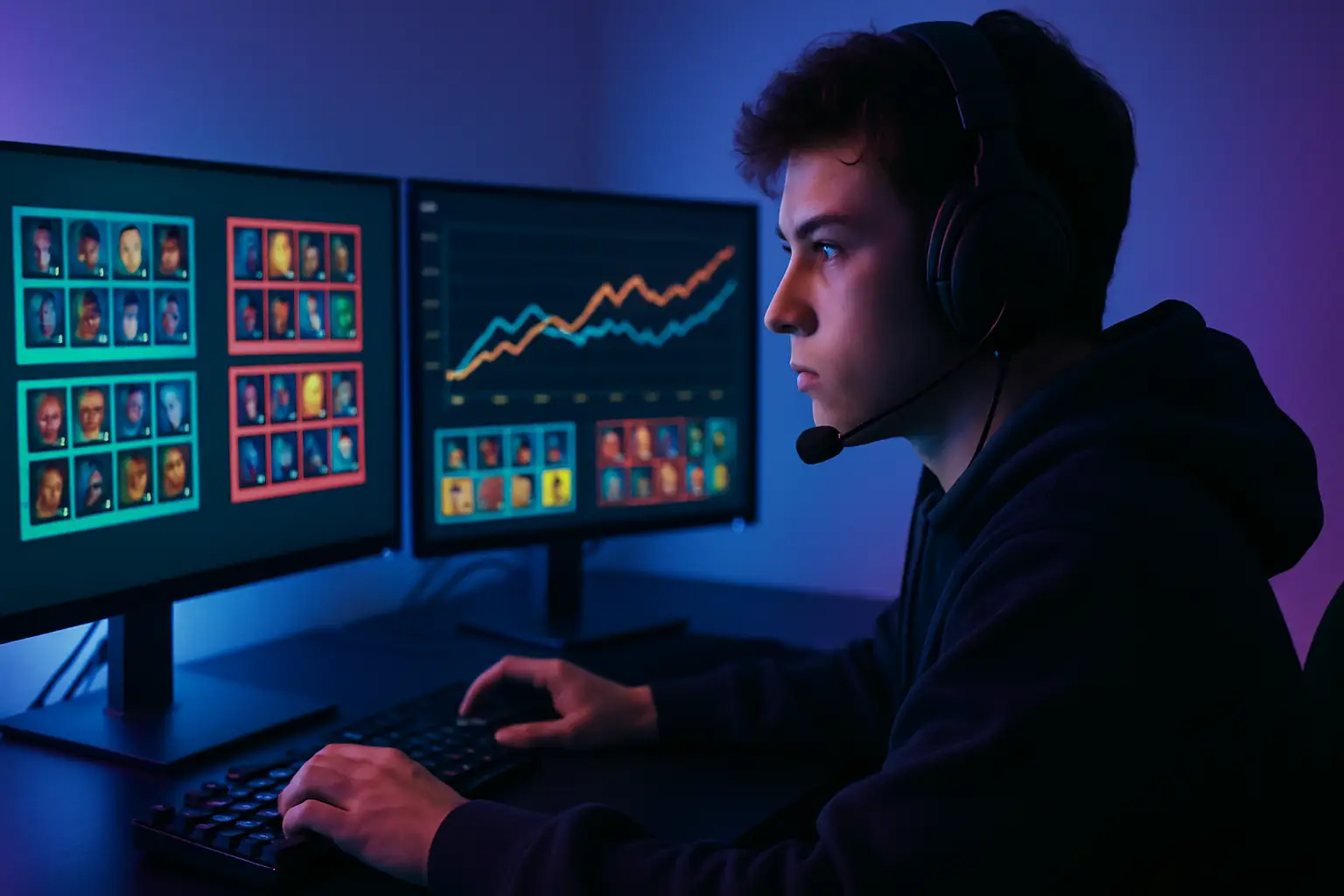 A person sitting at a desk with multiple monitors displaying esports team management screens and player statistics