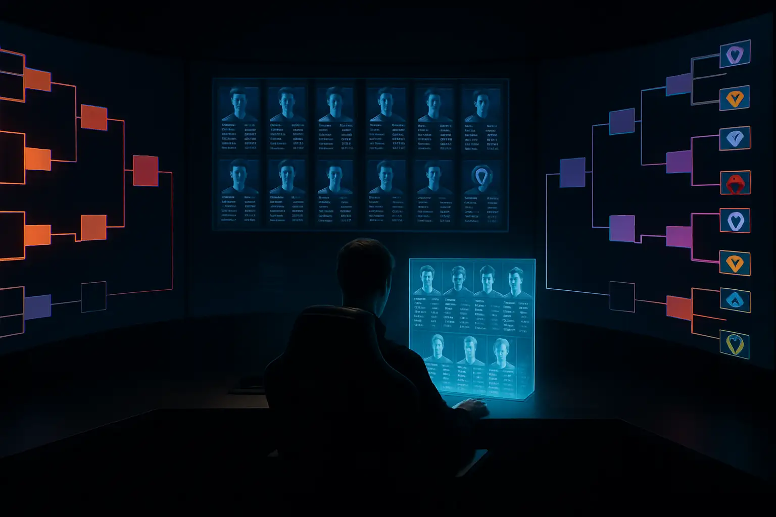 A person at a desk surrounded by multiple monitors displaying esports tournament brackets and team rosters