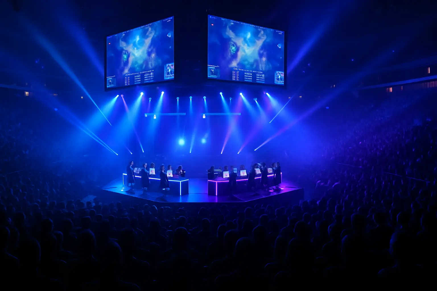 Crowded esports arena with players on stage under colorful lights