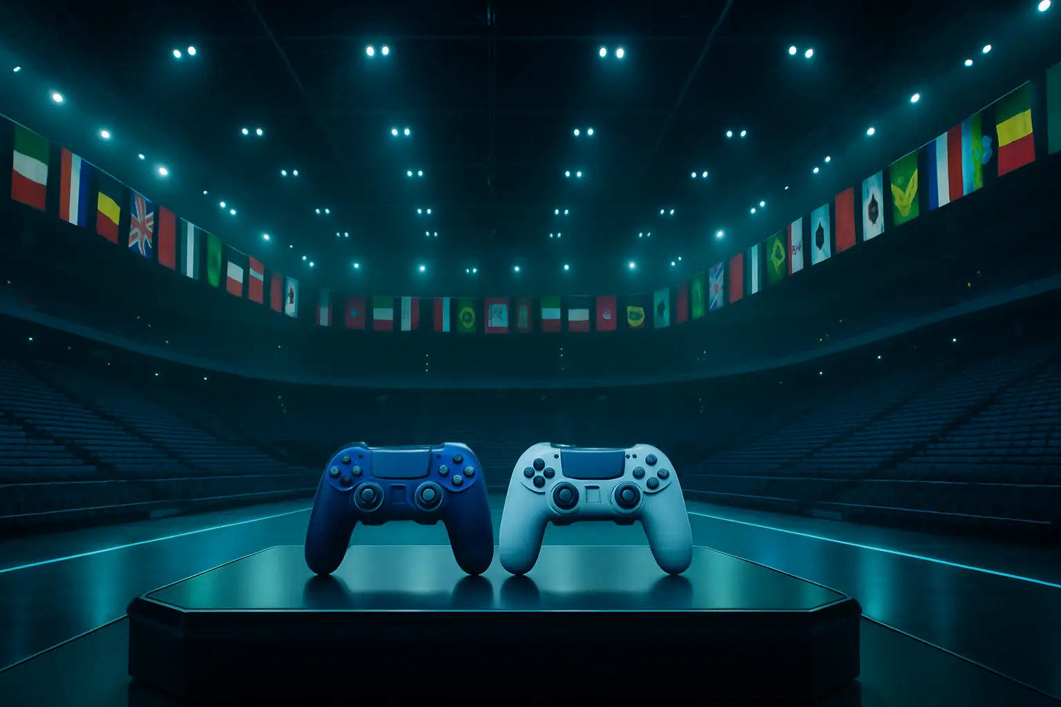 Multiple national flags displayed in a digital stadium environment representing the Esports Nations Cup
