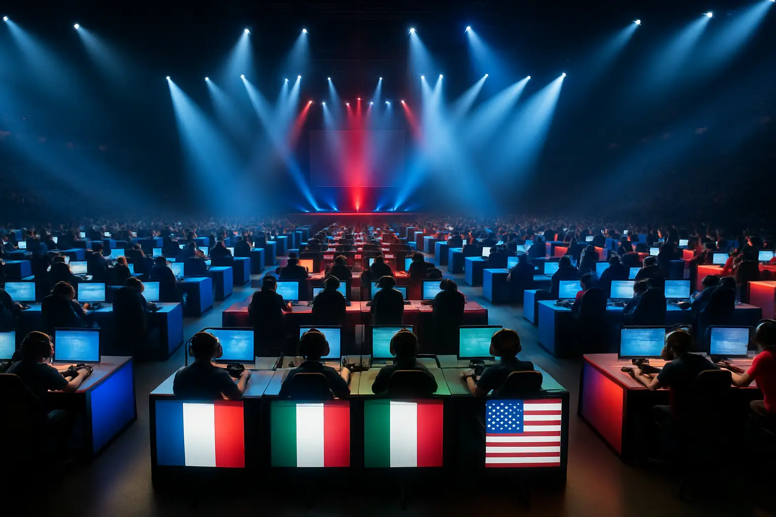 Esports players representing national teams competing at a large international gaming tournament