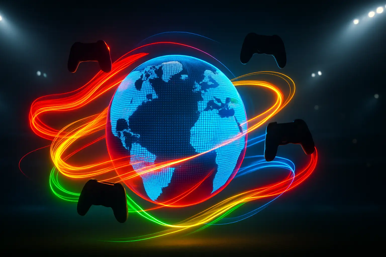 Digital globe surrounded by national flags and esports controller icons representing international gaming competition