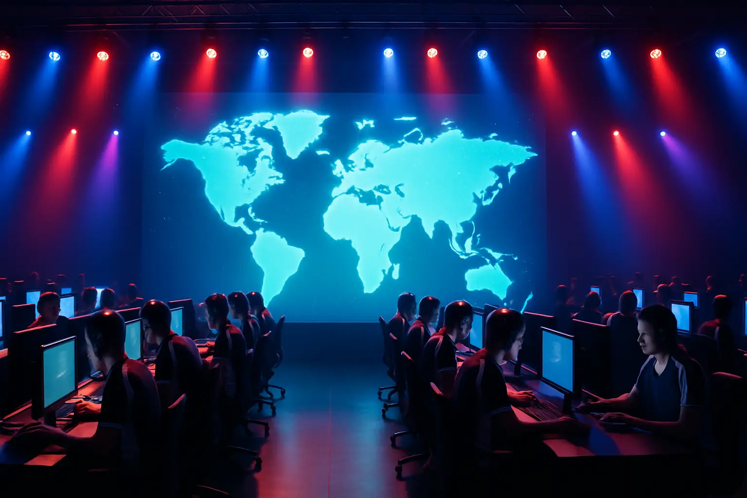 National esports team players gathered around a large screen in a darkened arena, flags from multiple countries displayed in the background