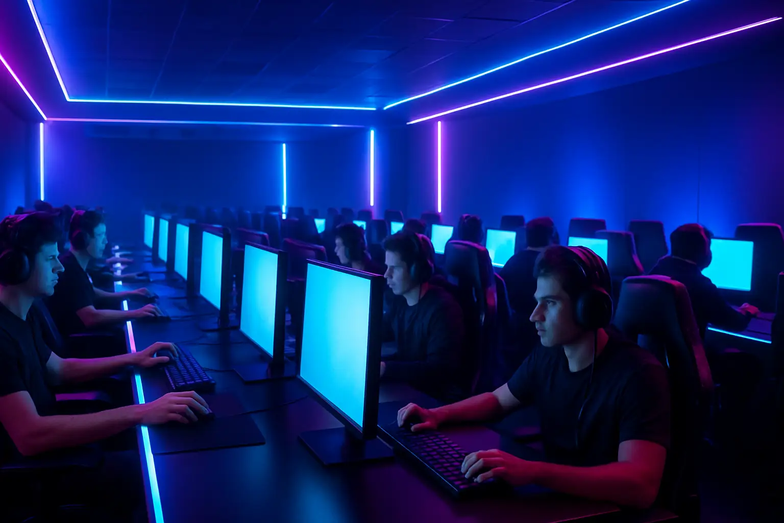 A competitive gaming setup with multiple screens glowing in an arena, representing eSports as an officially recognised sport