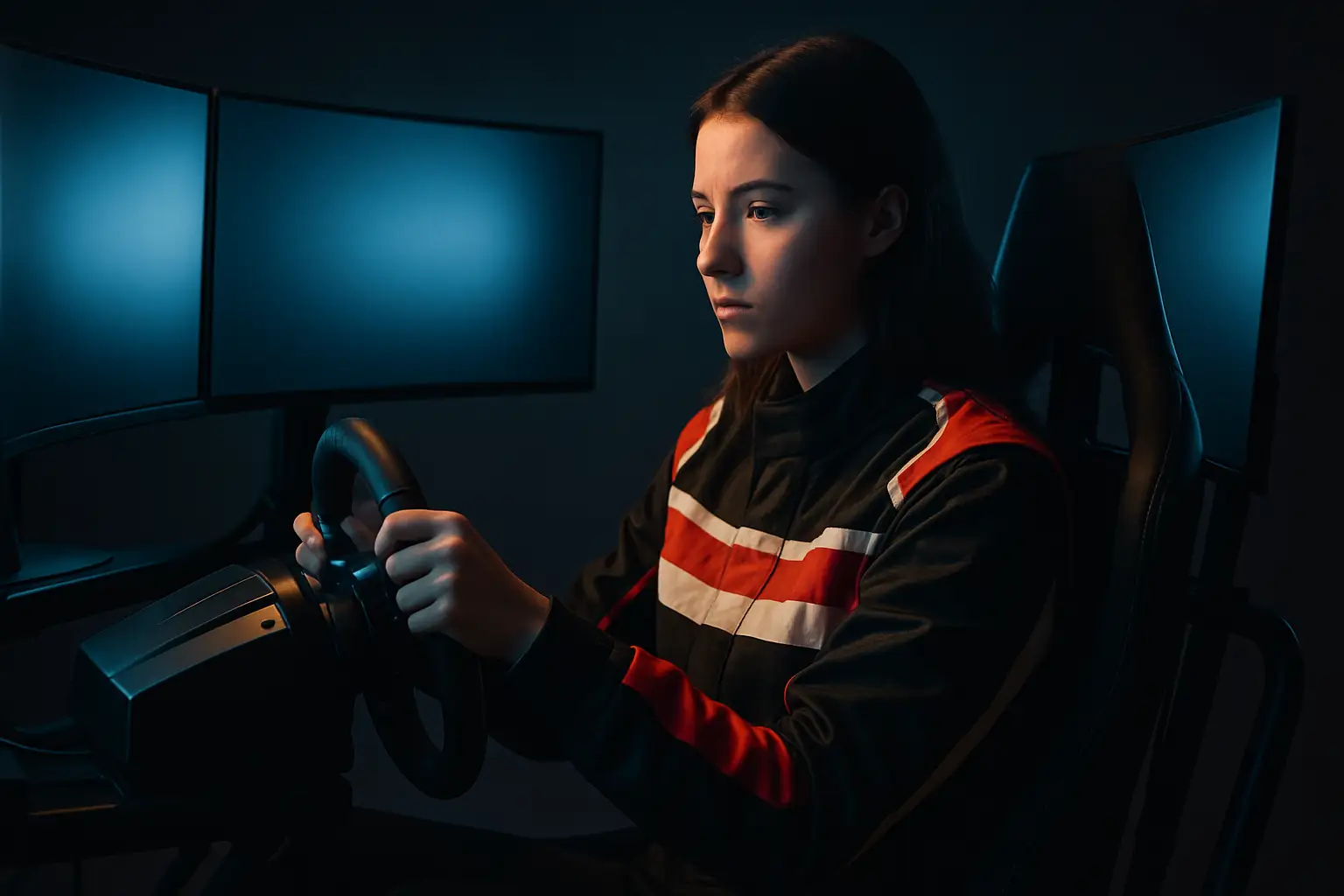 A young female sim racer focused at a racing simulator cockpit with a steering wheel and screens