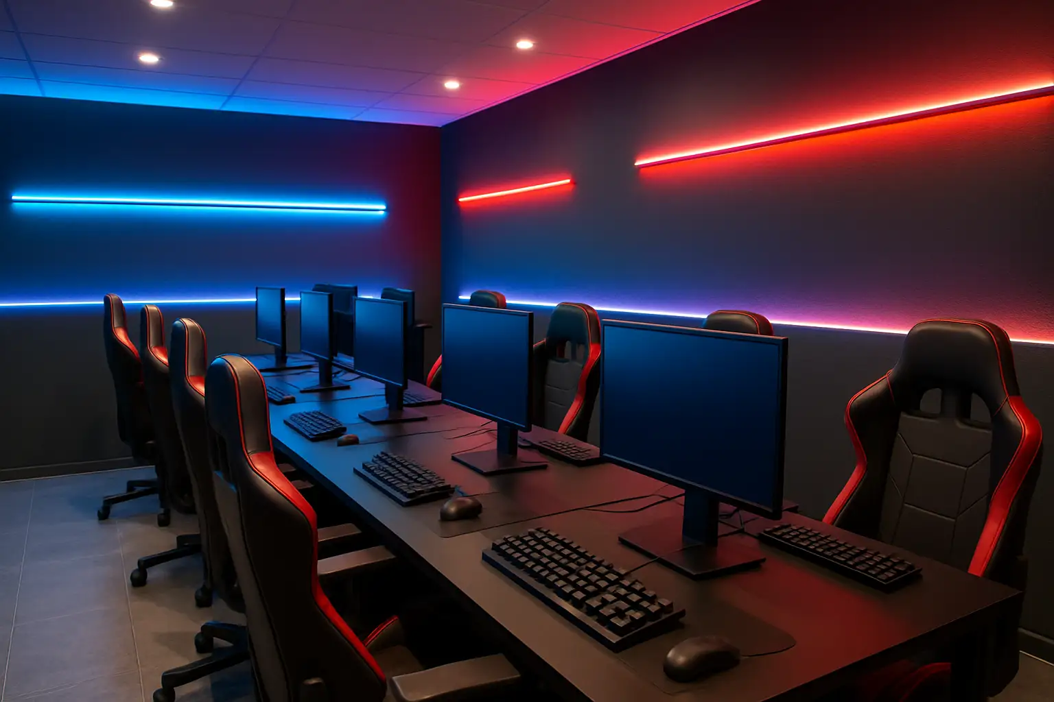 Gaming stations with monitors and controllers set up inside a bright recreation center room