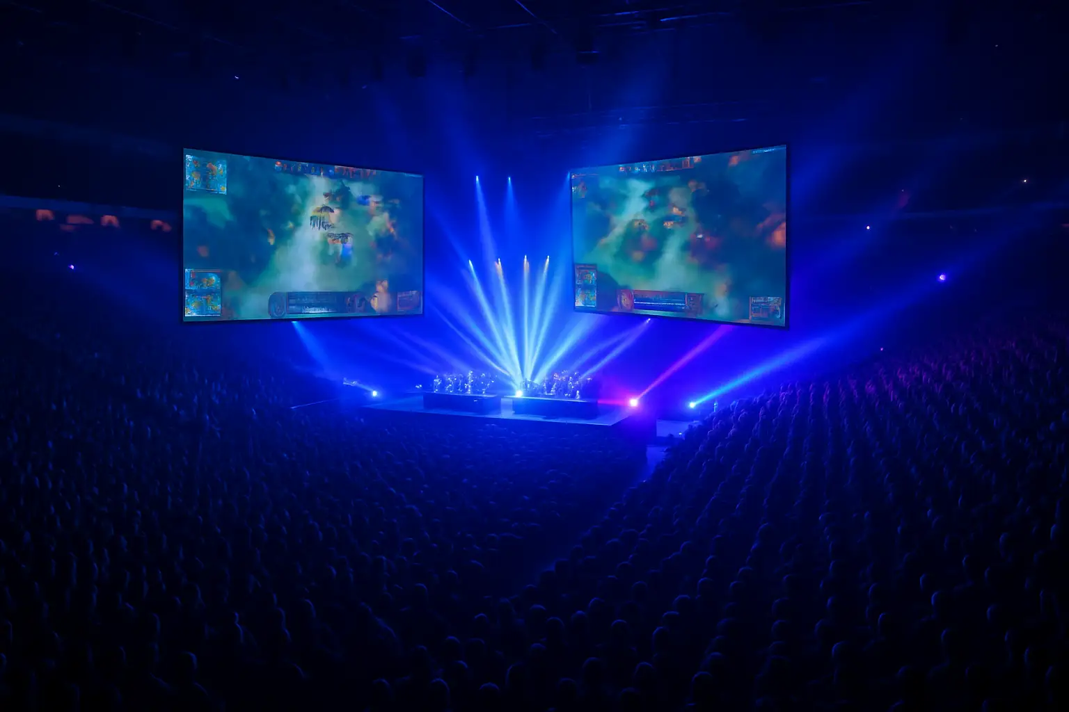 A large esports arena filled with fans watching a live match on giant screens