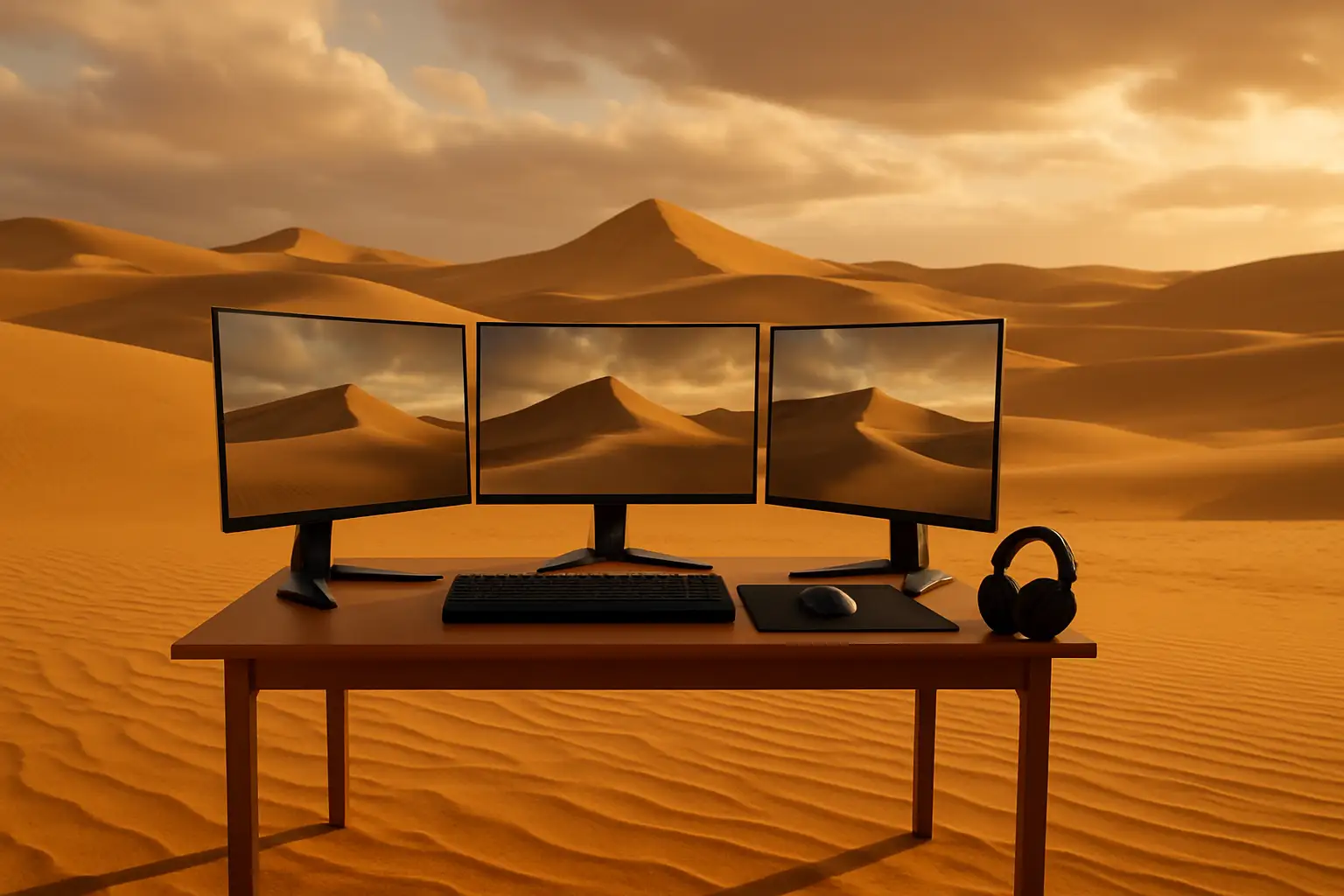Gaming equipment set up in a vast desert landscape under a bright sky