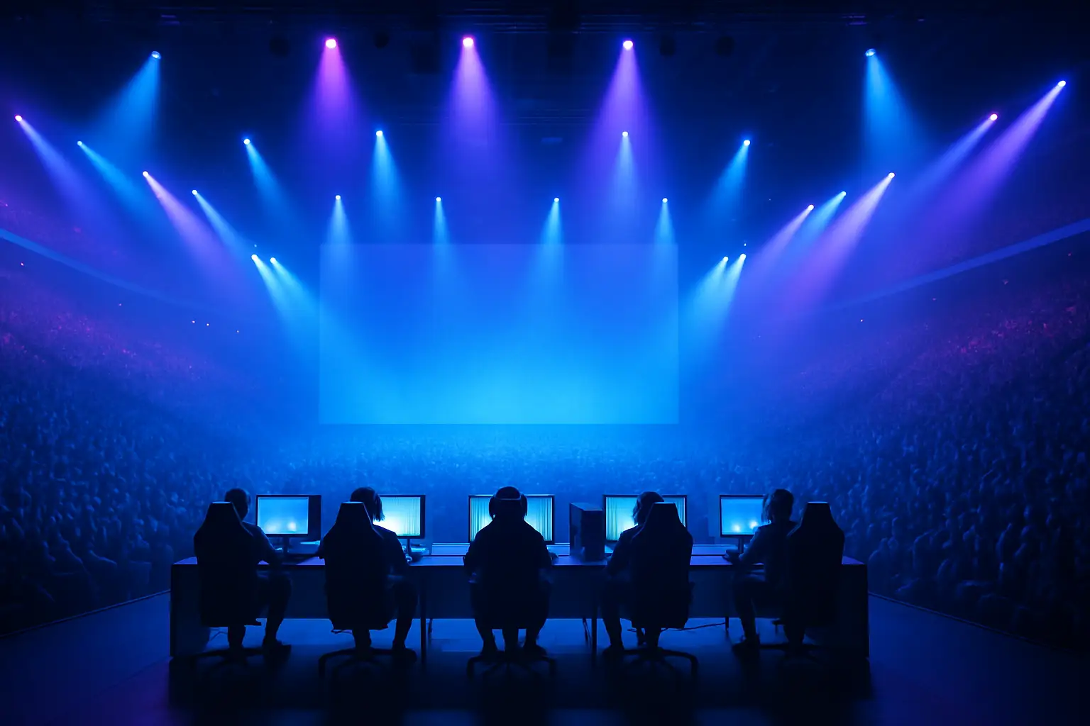 Players competing on stage at a large esports tournament arena with dramatic lighting