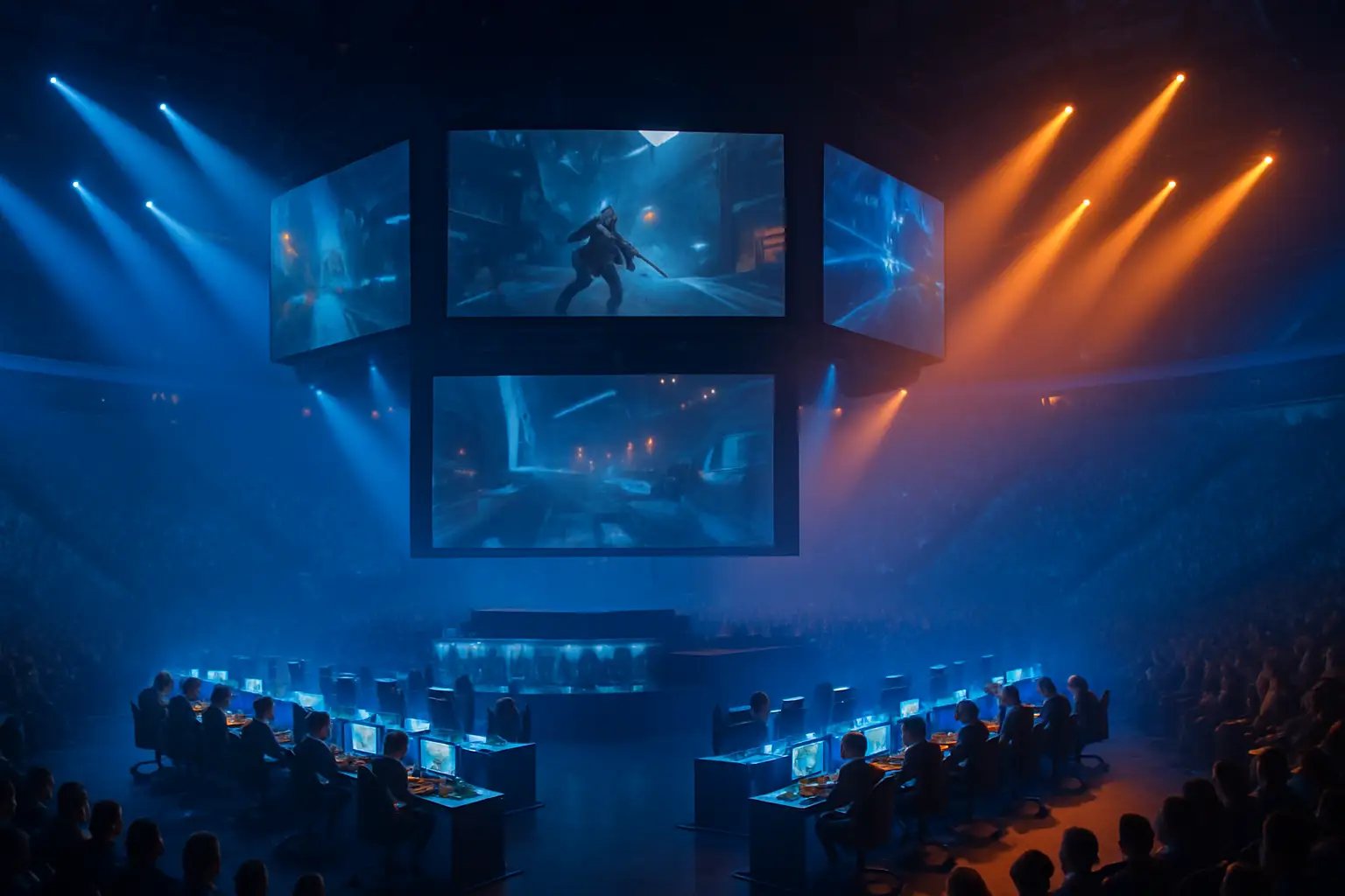 Esports arena filled with competing players under colorful stage lighting with crypto branding visible on screens