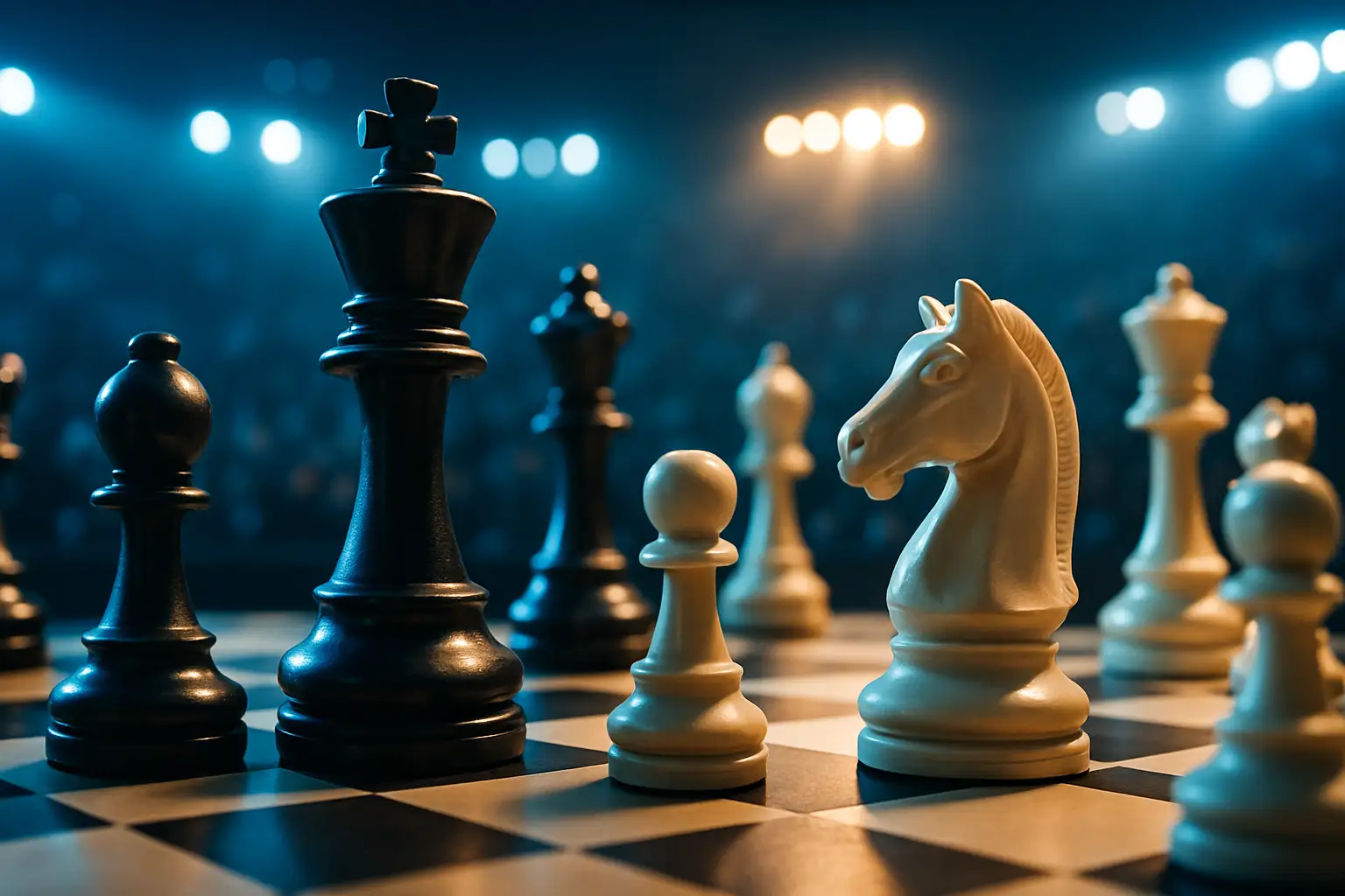 A chessboard set up under dramatic lighting in a modern esports arena setting