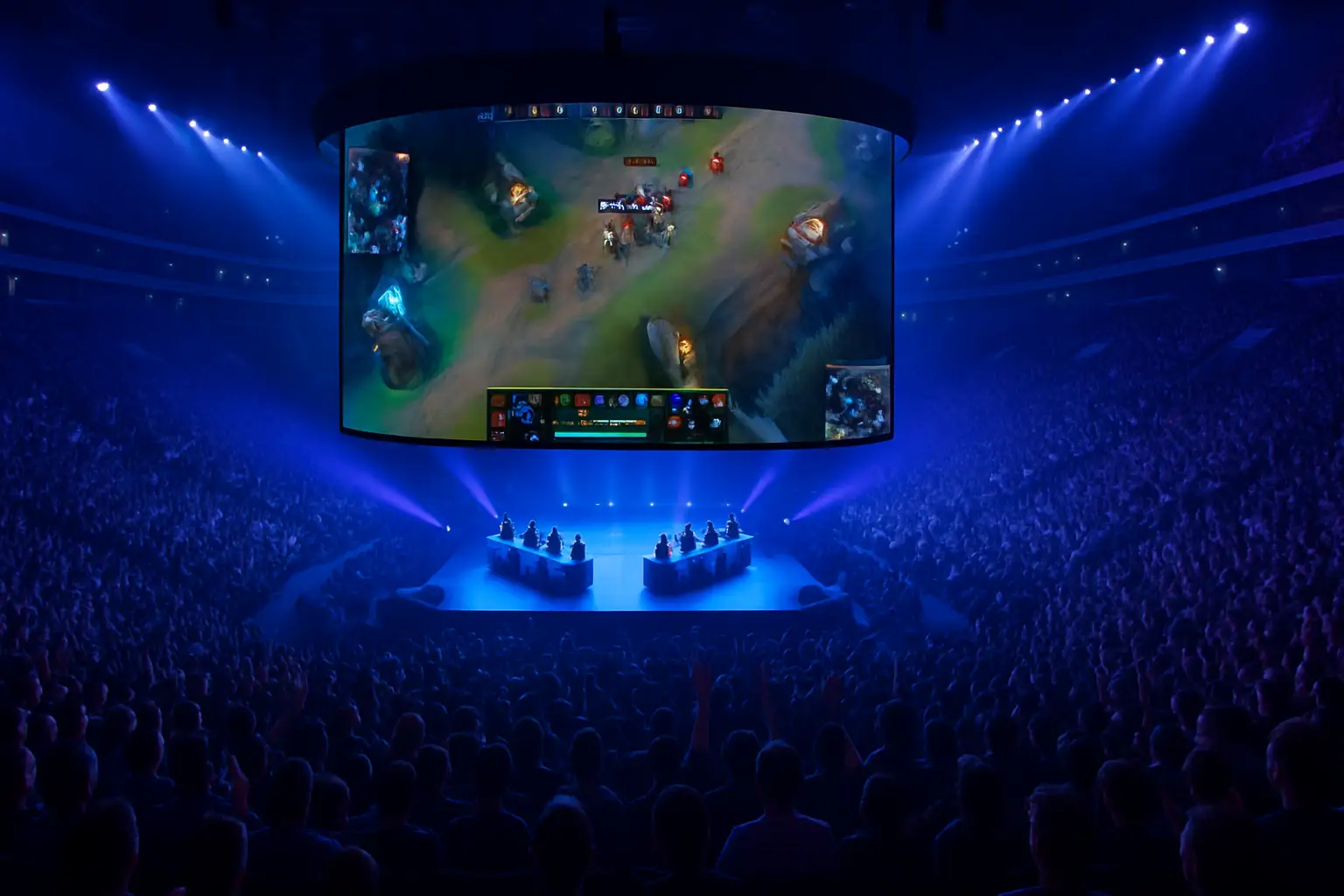A large esports arena filled with spectators watching a competitive gaming tournament on massive screens