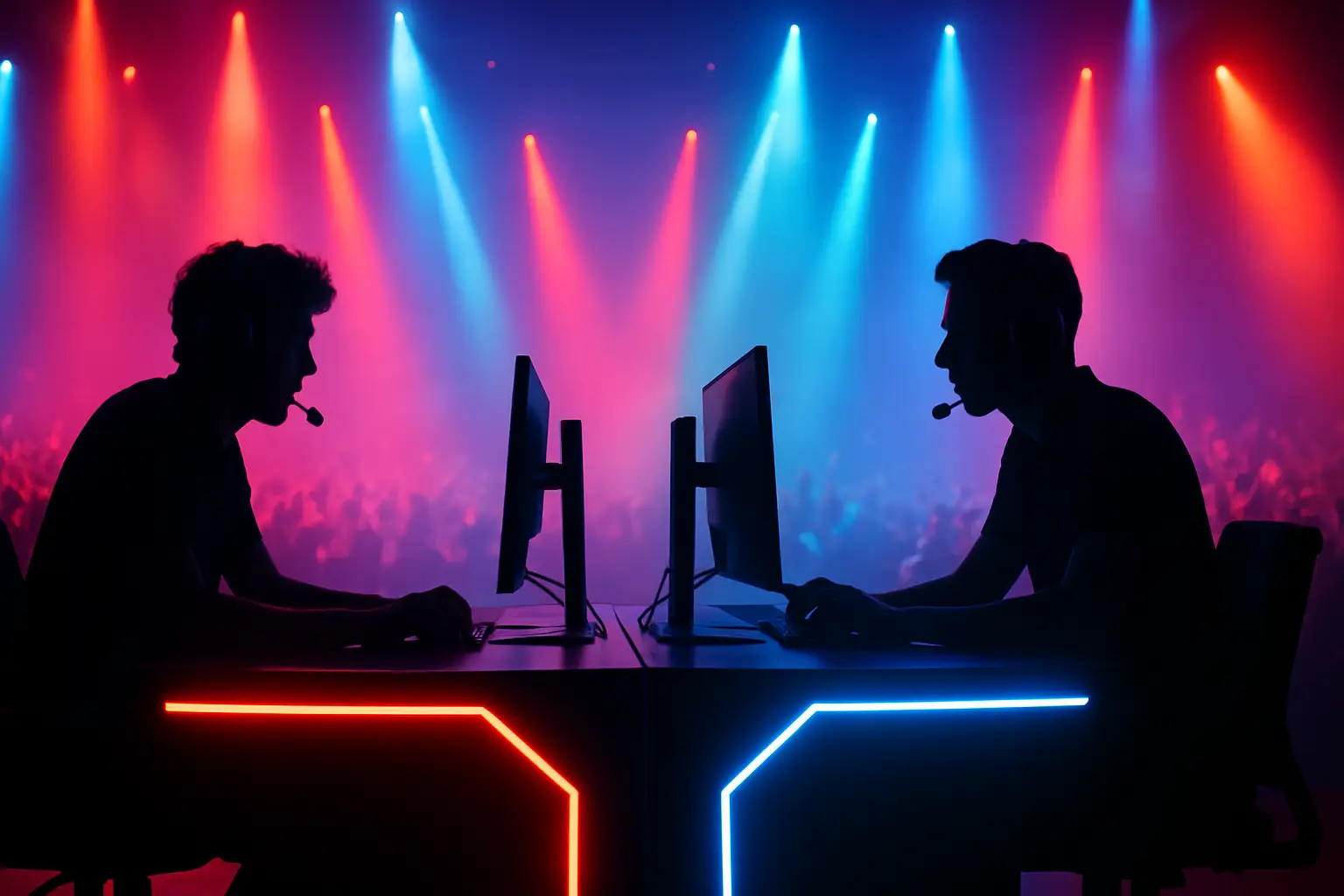 A fighting game tournament stage lit in dramatic neon with competitors at arcade-style setups