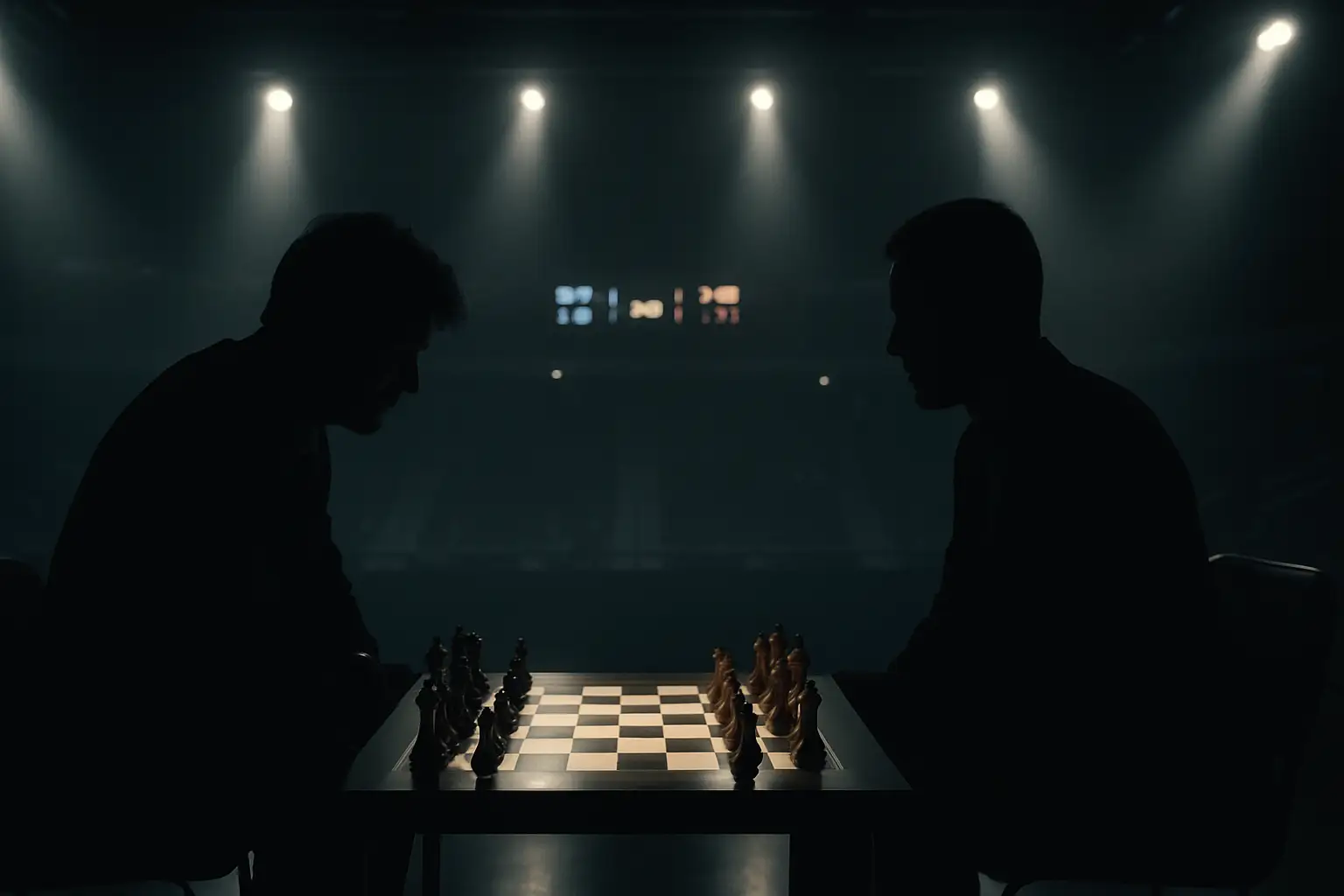 Two chess players facing each other across a board under dramatic tournament lighting