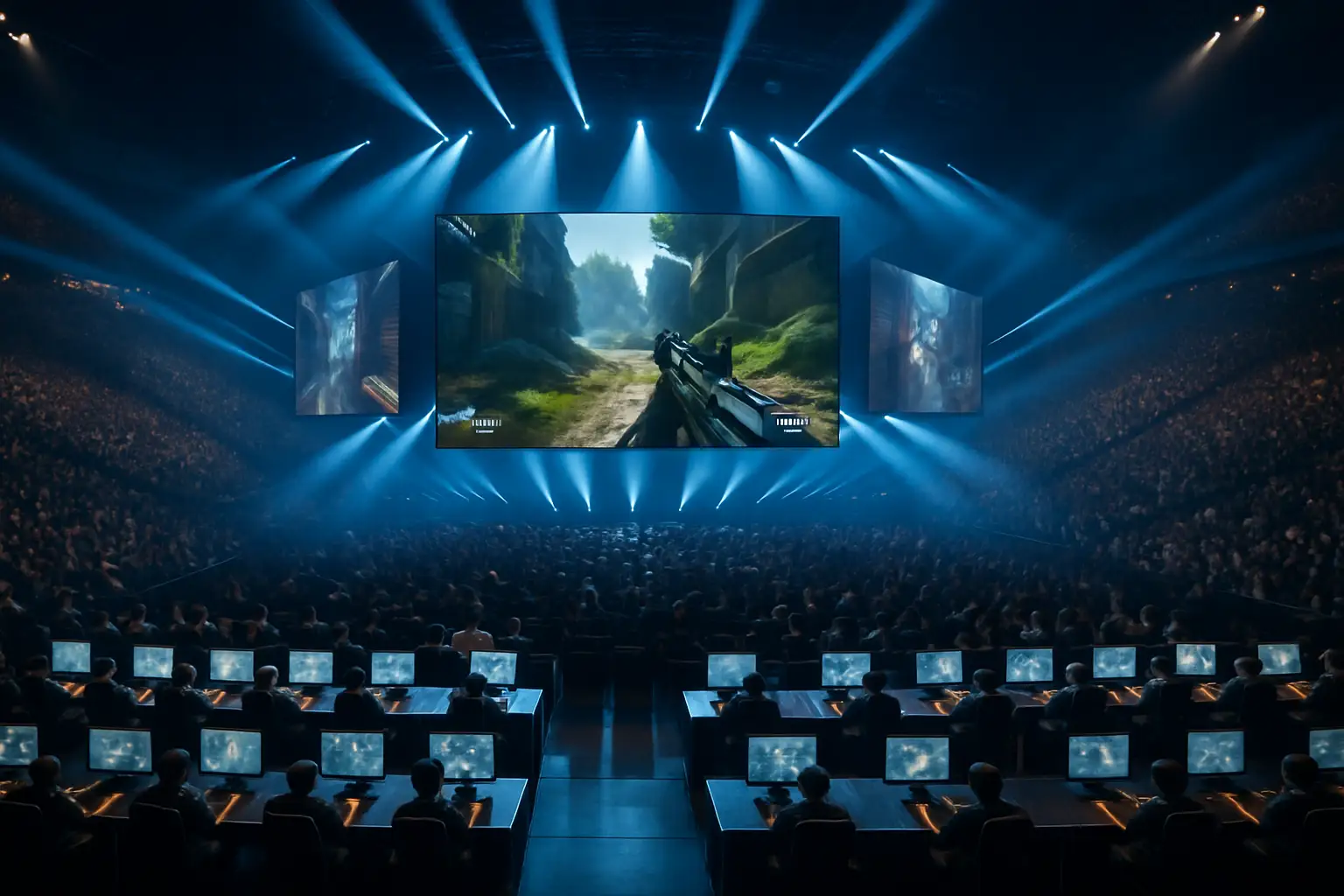Esports players competing on a large lit stage at the Esports World Cup in Riyadh