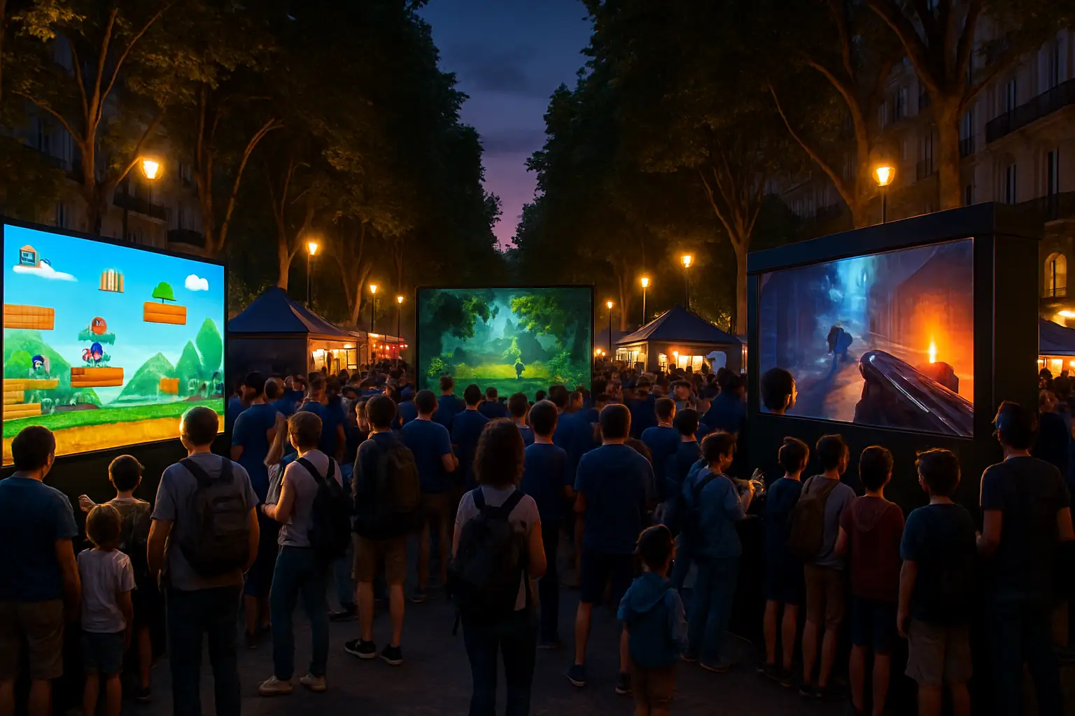 A festive esports event setup along a grand Parisian boulevard at dusk with crowds gathered around large screens