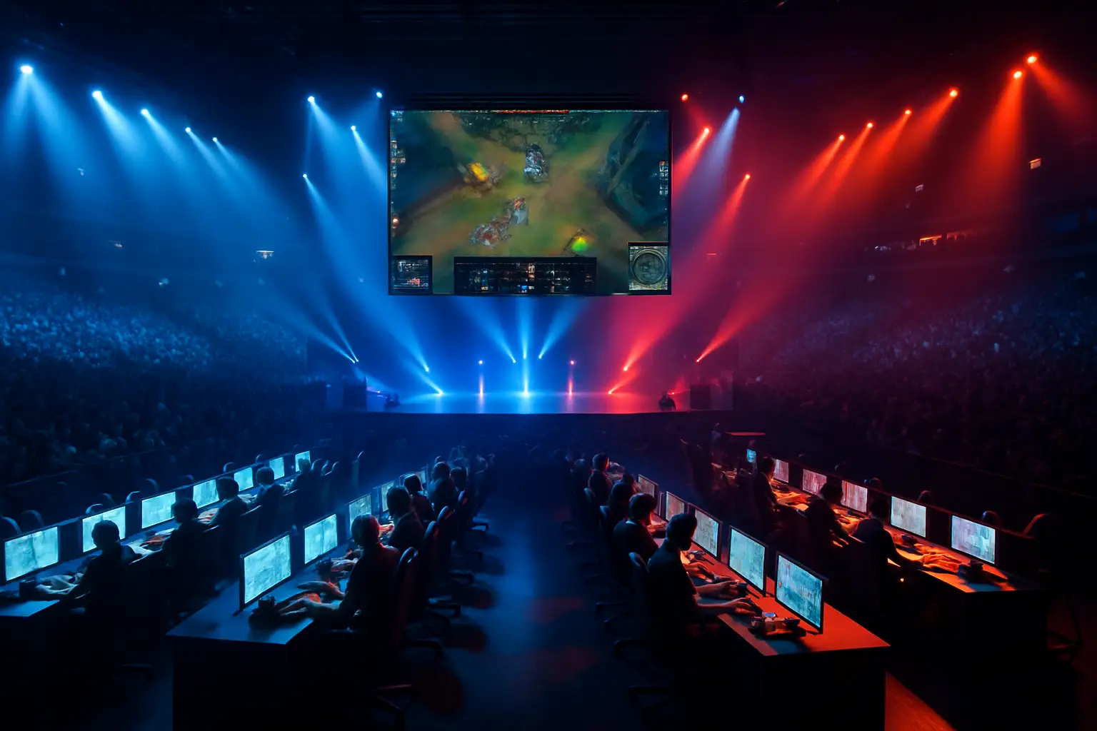 Competitive esports players at a tournament stage under bright arena lighting during a finals match