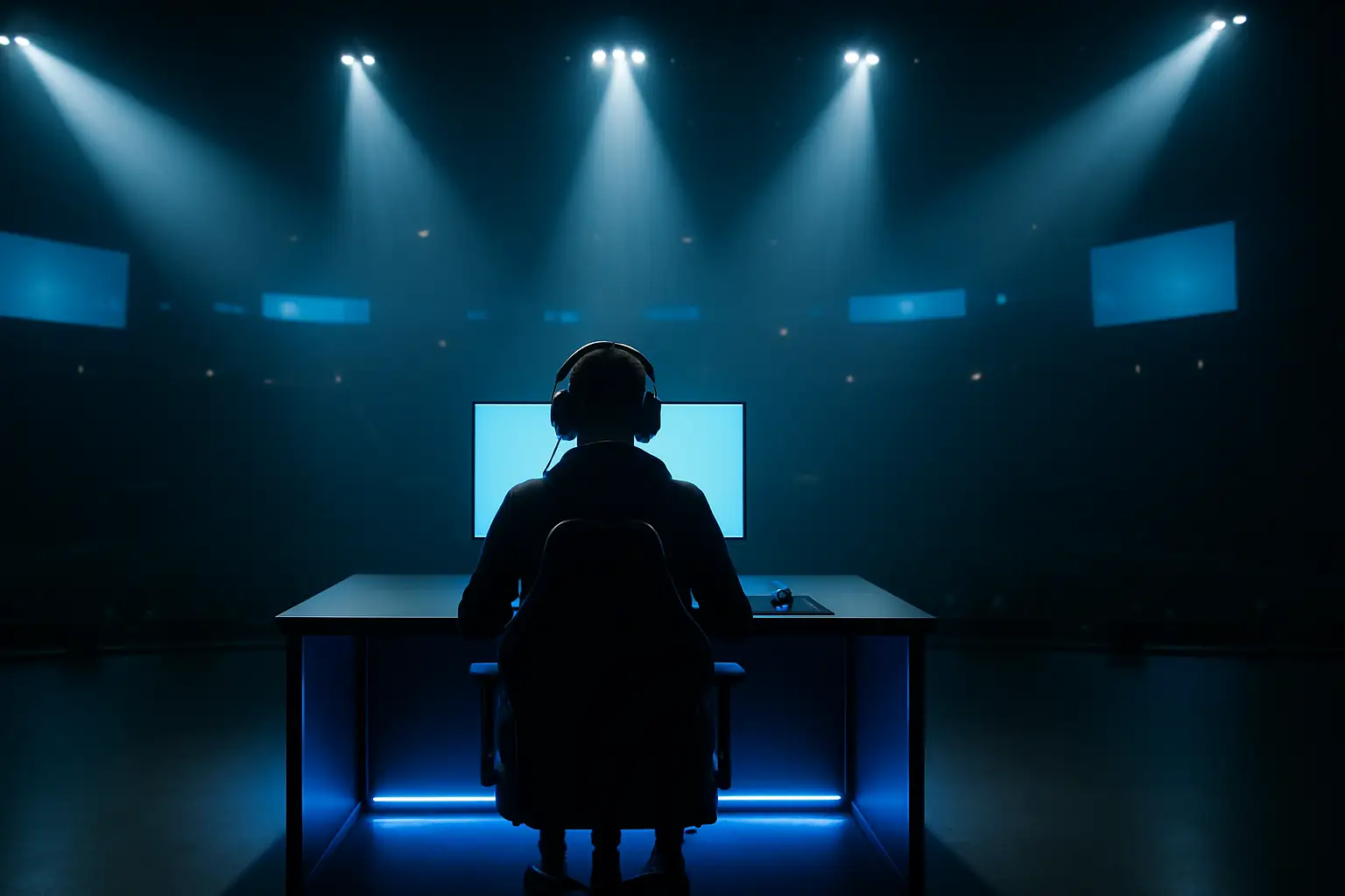 A gamer in a darkened arena facing multiple bright screens during a high-stakes esports tournament