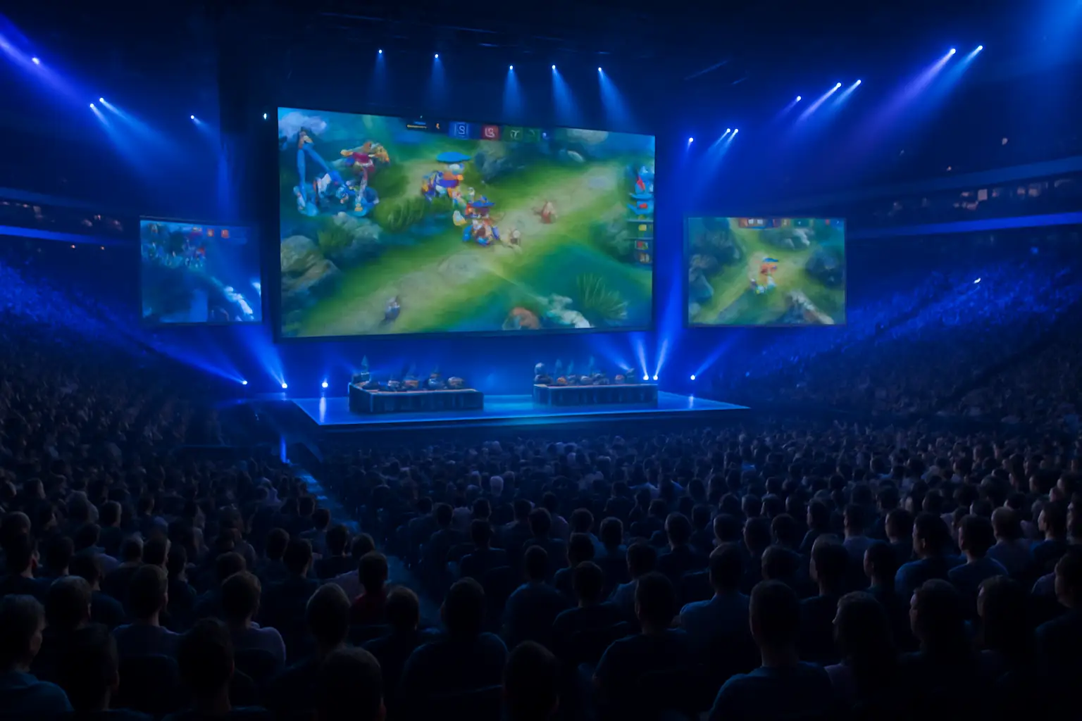Competitive mobile gaming arena lit with colorful stage lights during an esports tournament