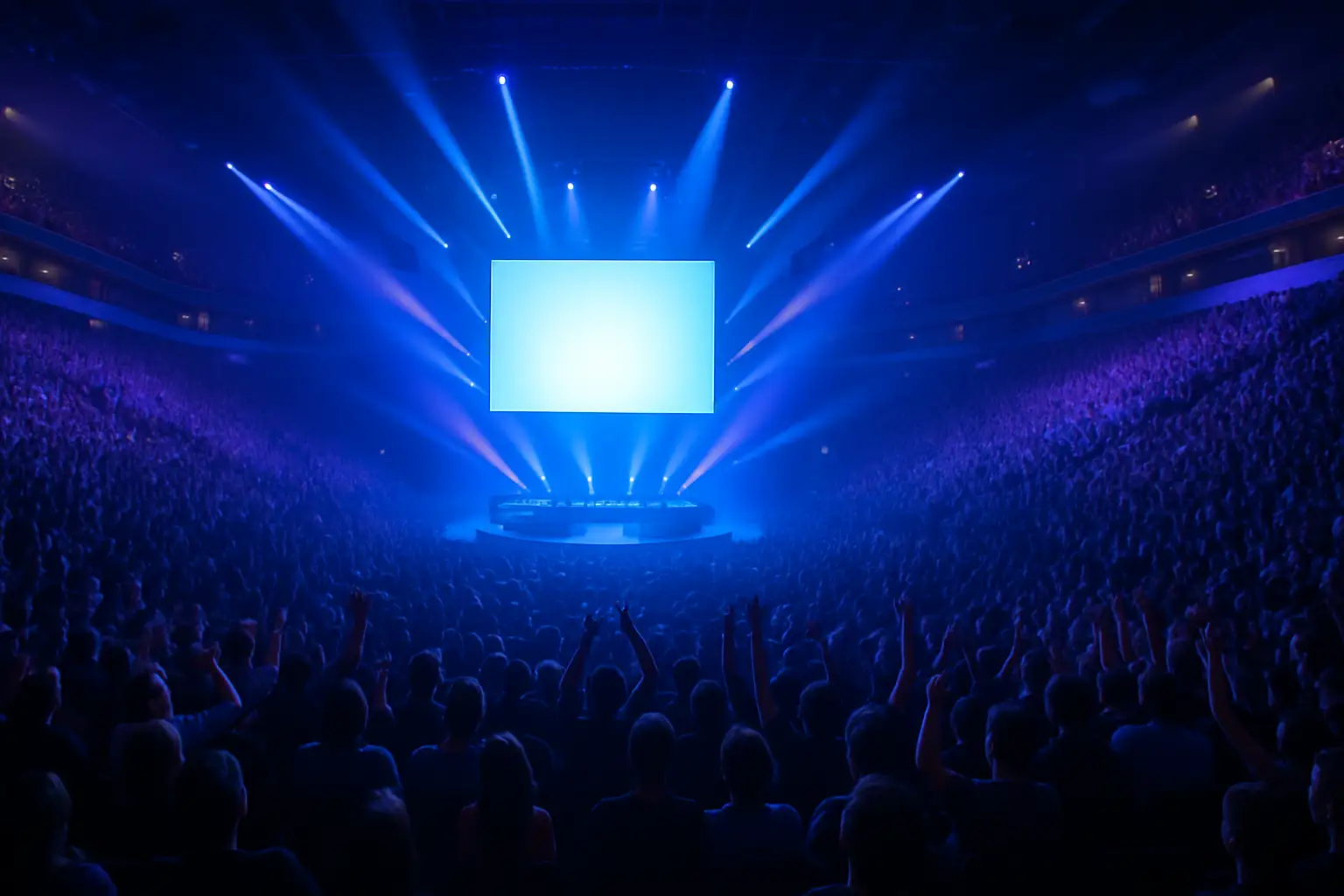 A large arena lit up with colorful stage lighting during an esports tournament opening ceremony