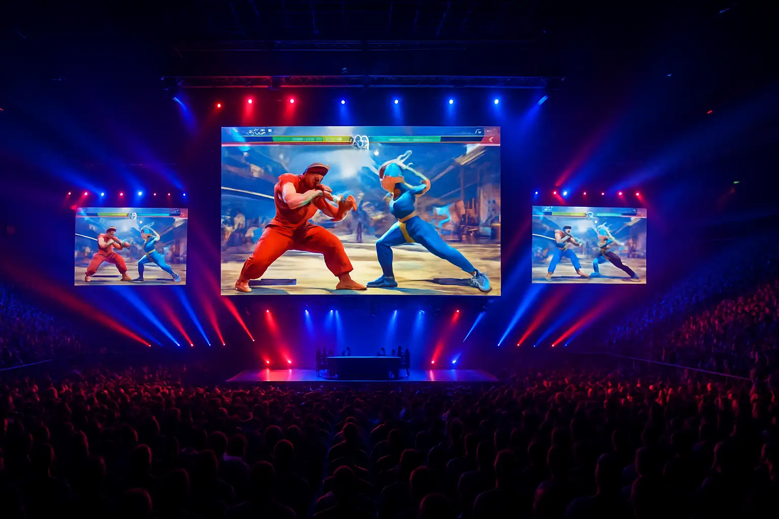 A crowded esports tournament arena with large screens displaying fighting game footage and spectators watching intently