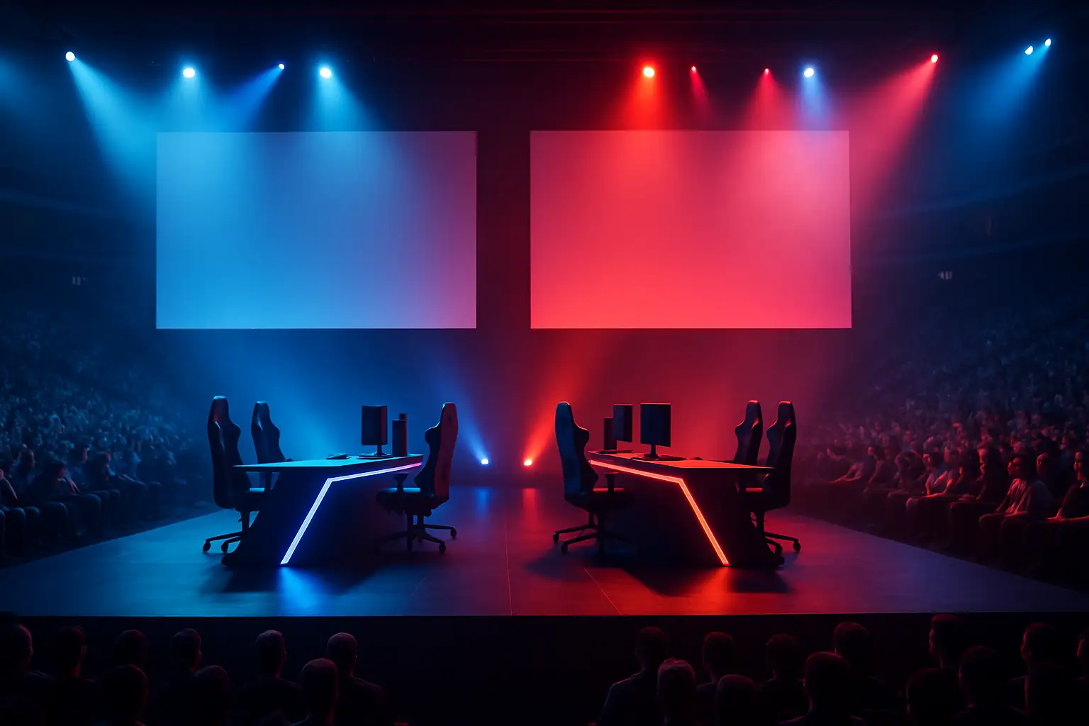 Competitive fighting game players facing off on a large arena stage with crowd in the background
