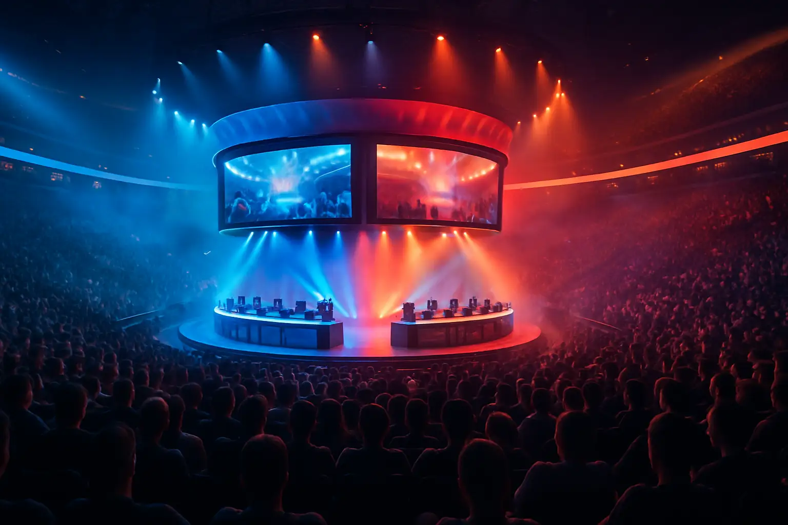 Players competing at a large esports arena with glowing stage lights and multiple screens