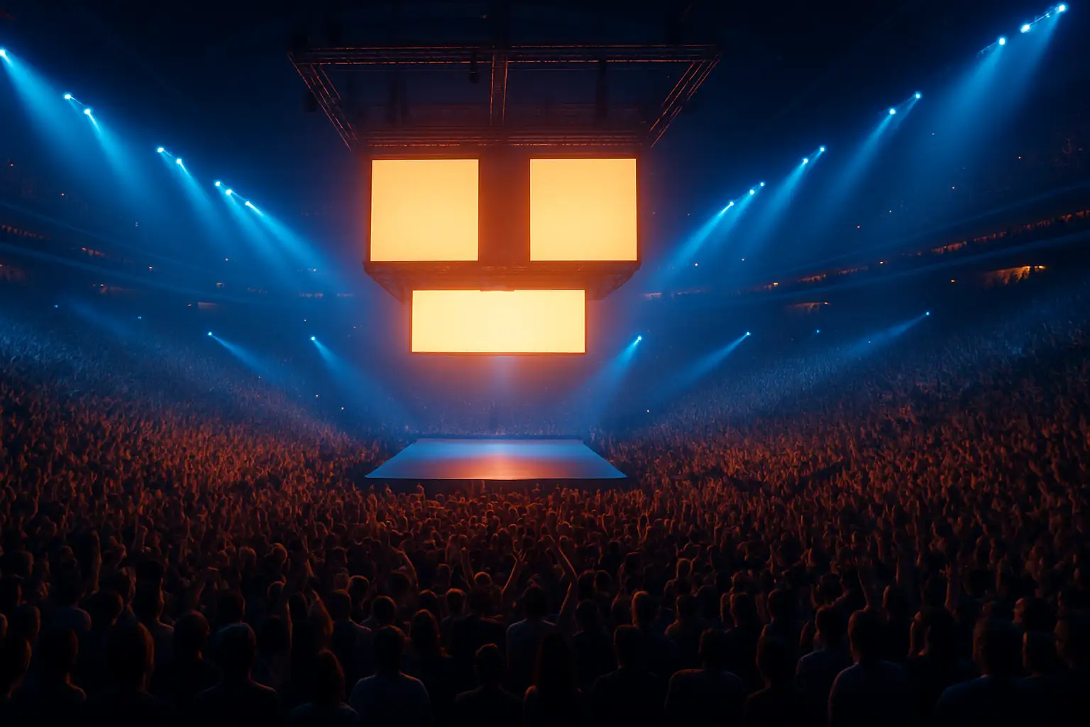A packed indoor arena lit up with colorful stage lighting during an esports grand final event