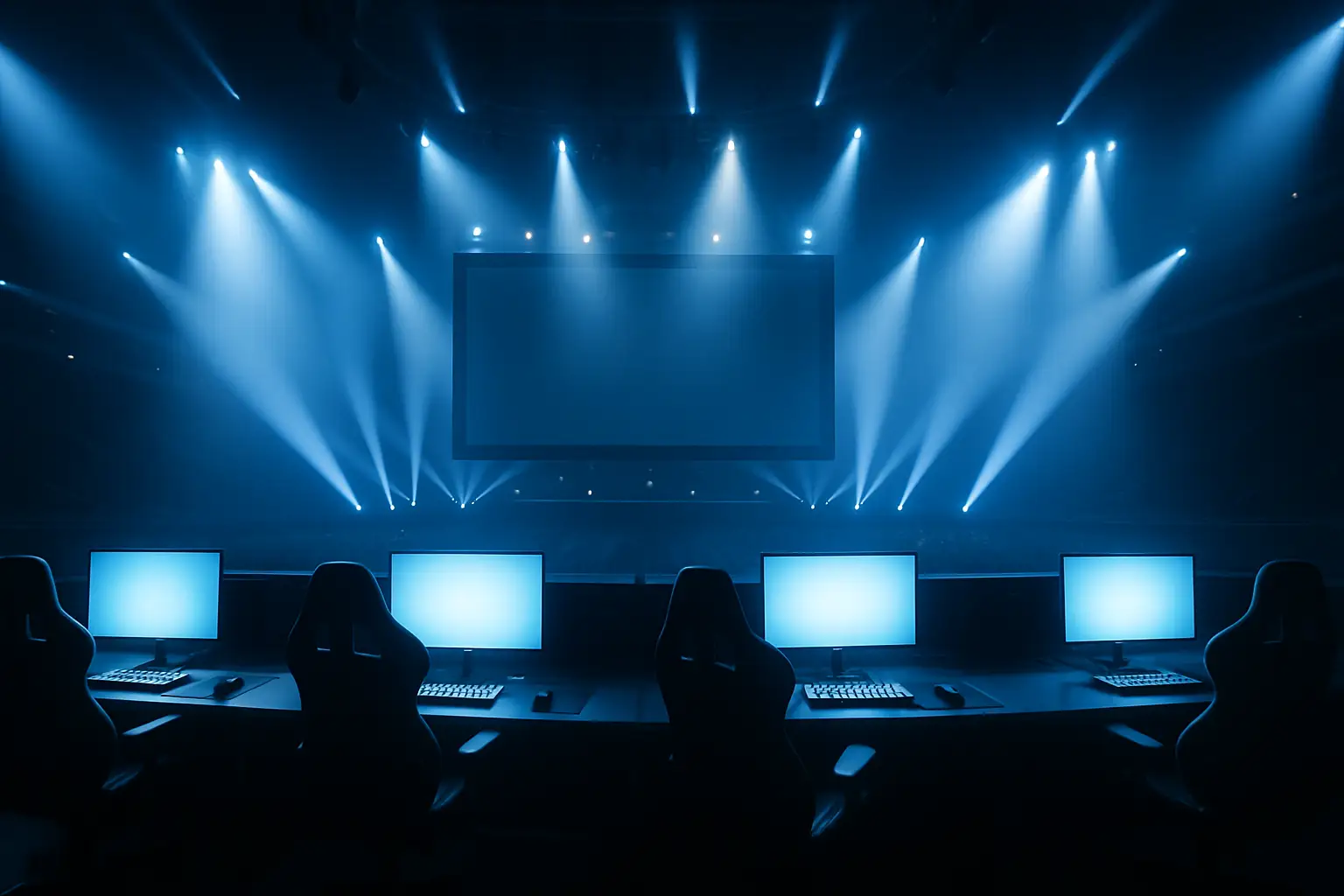 CS2 tournament stage with team banners and competitive gaming setup under arena lighting
