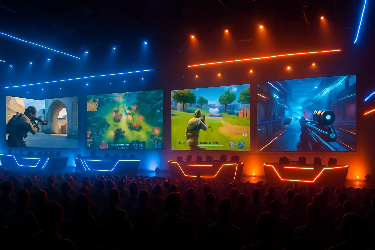 Multiple esports game screens displayed side by side in a large arena setting with colorful lighting
