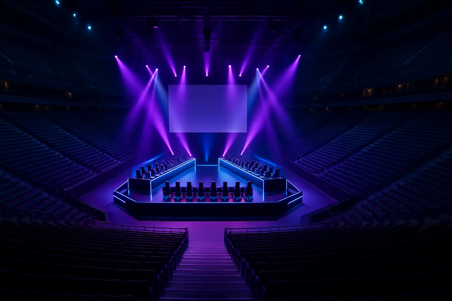 A futuristic esports arena stage with dramatic lighting and an empty crowd floor viewed from above