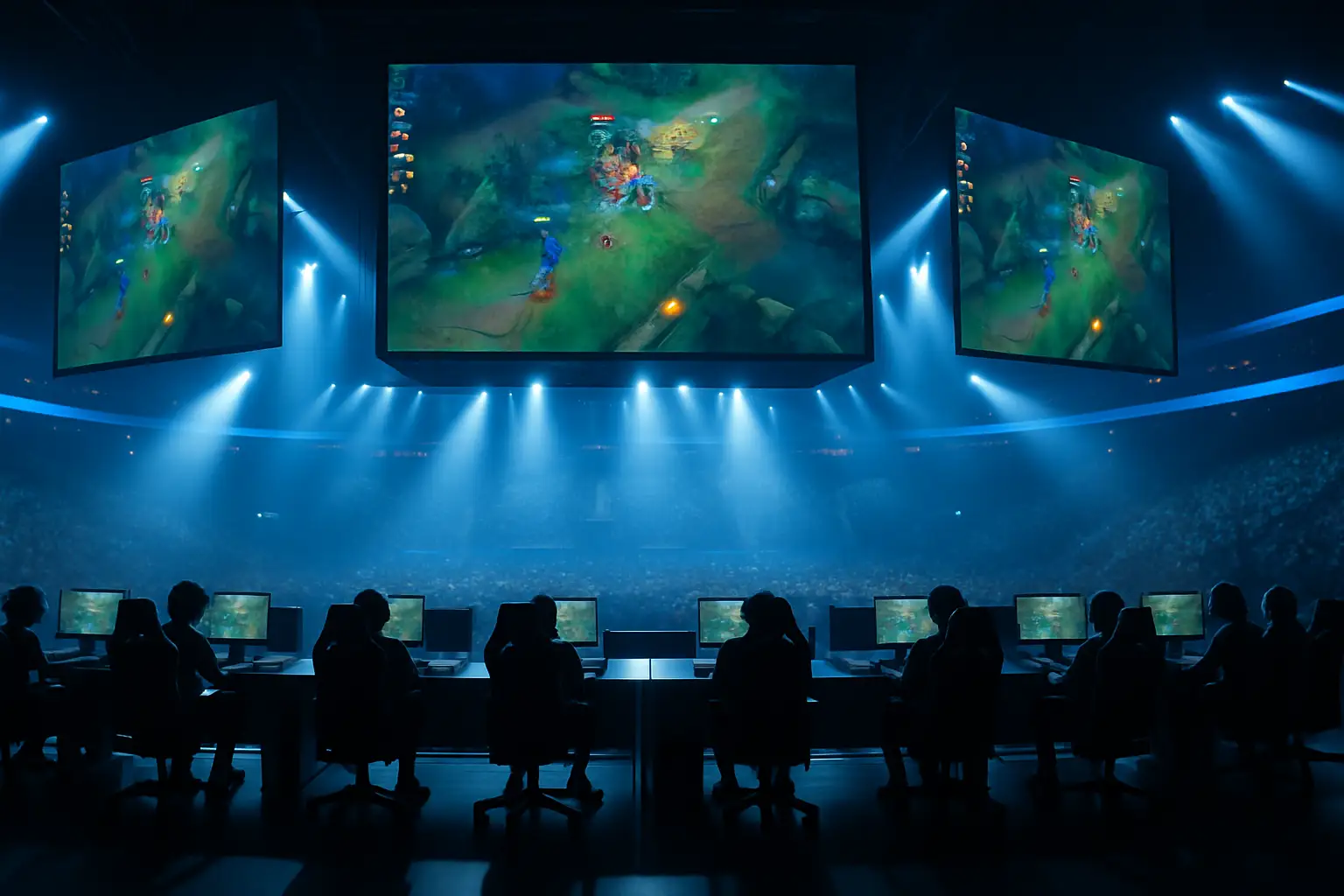 Esports competitors facing off on a large stage under dramatic arena lighting at a major tournament