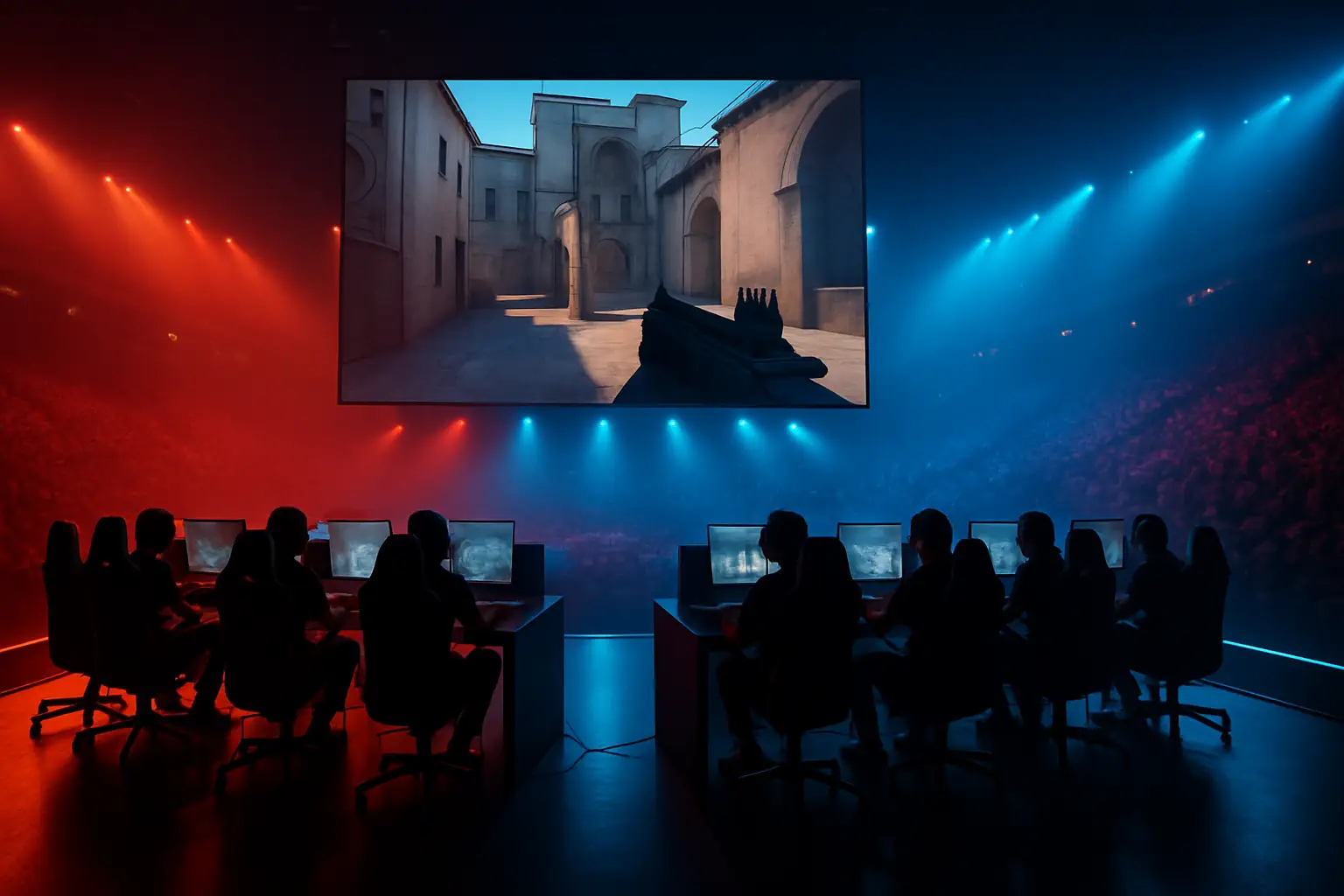 Valorant players competing on stage at the Esports World Cup in Riyadh