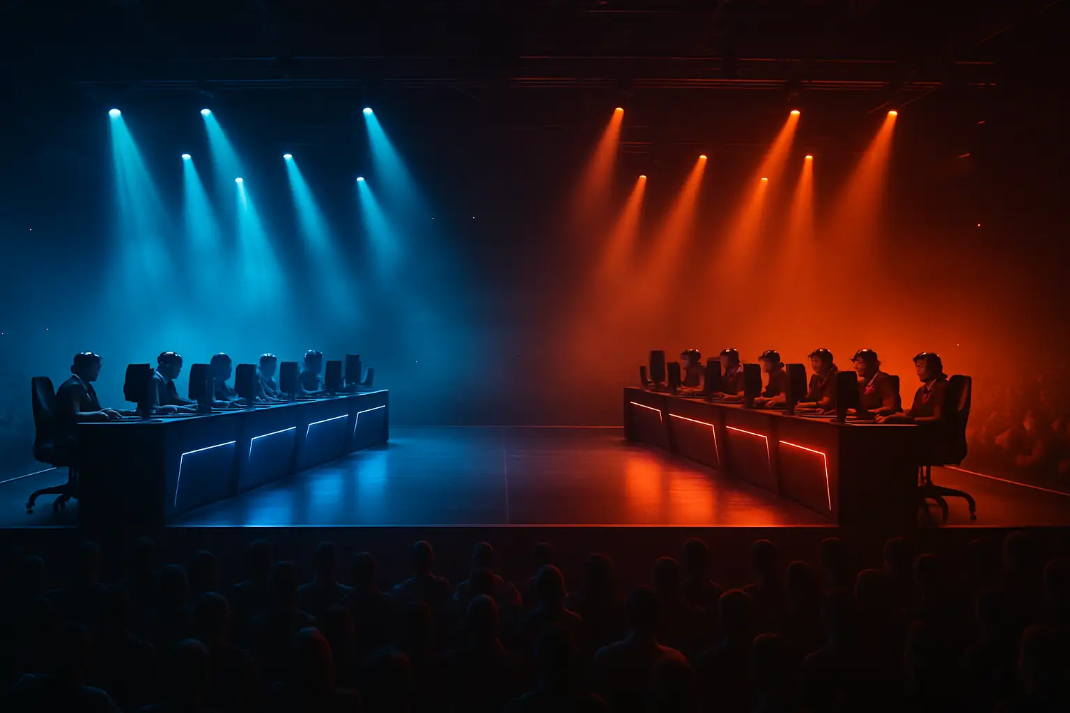Two mobile esports teams facing off on a dramatic tournament stage with bright arena lighting