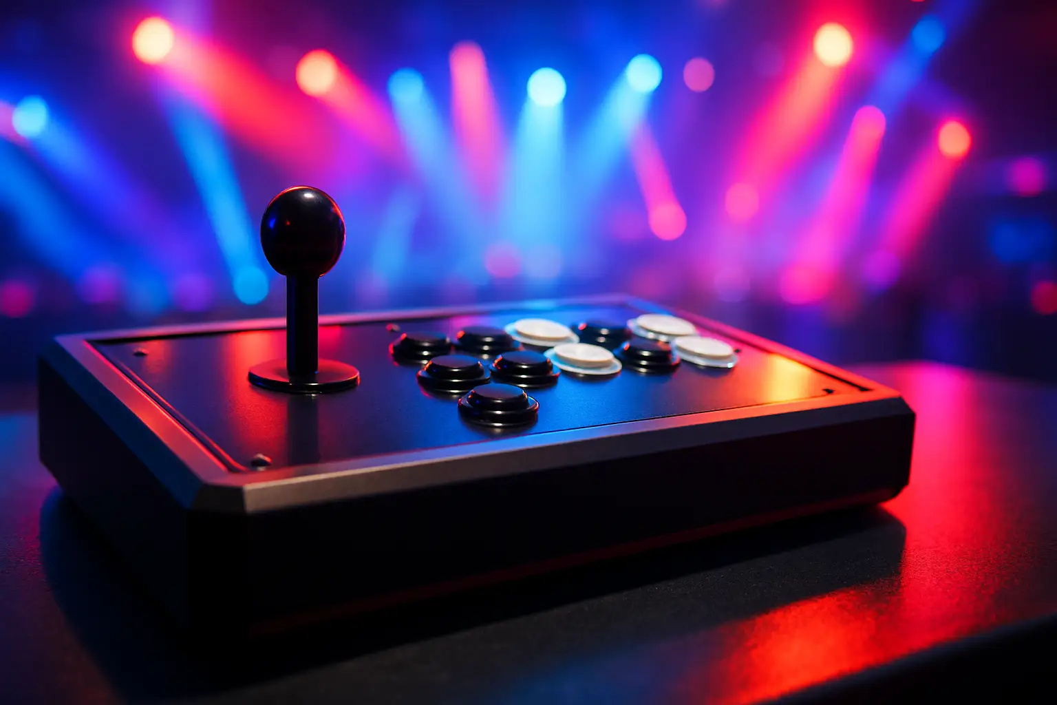A fighting game controller resting on a glowing arcade cabinet in a dark tournament venue