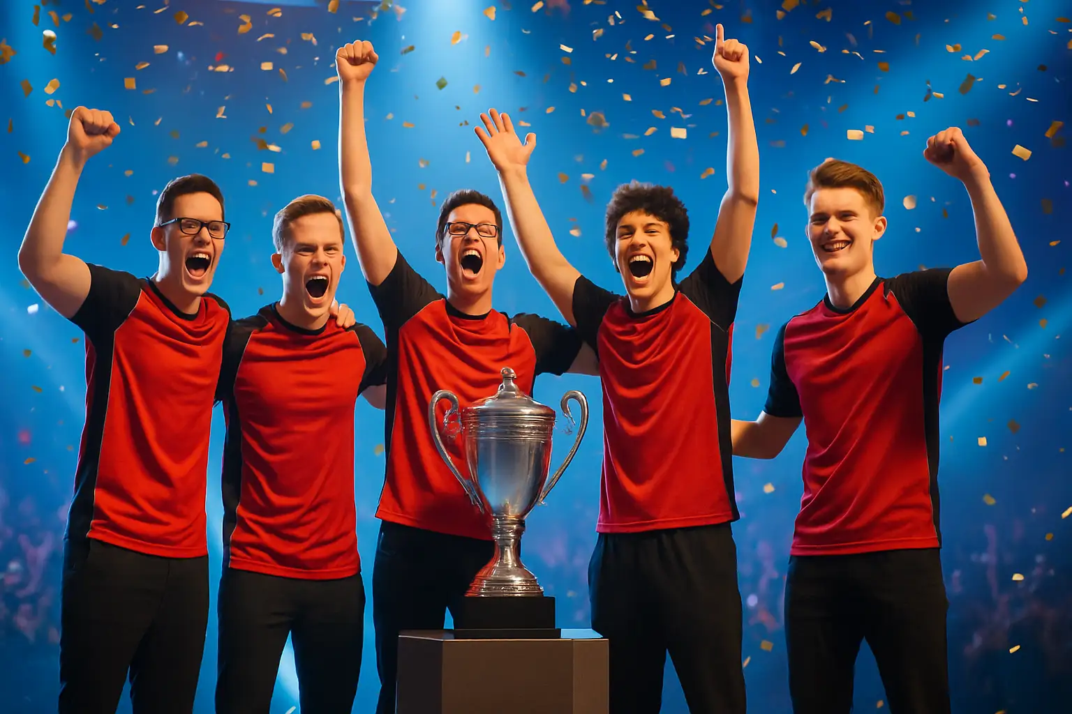 FaZe Clan players celebrating a Rainbow 6 Siege championship win at a major esports event