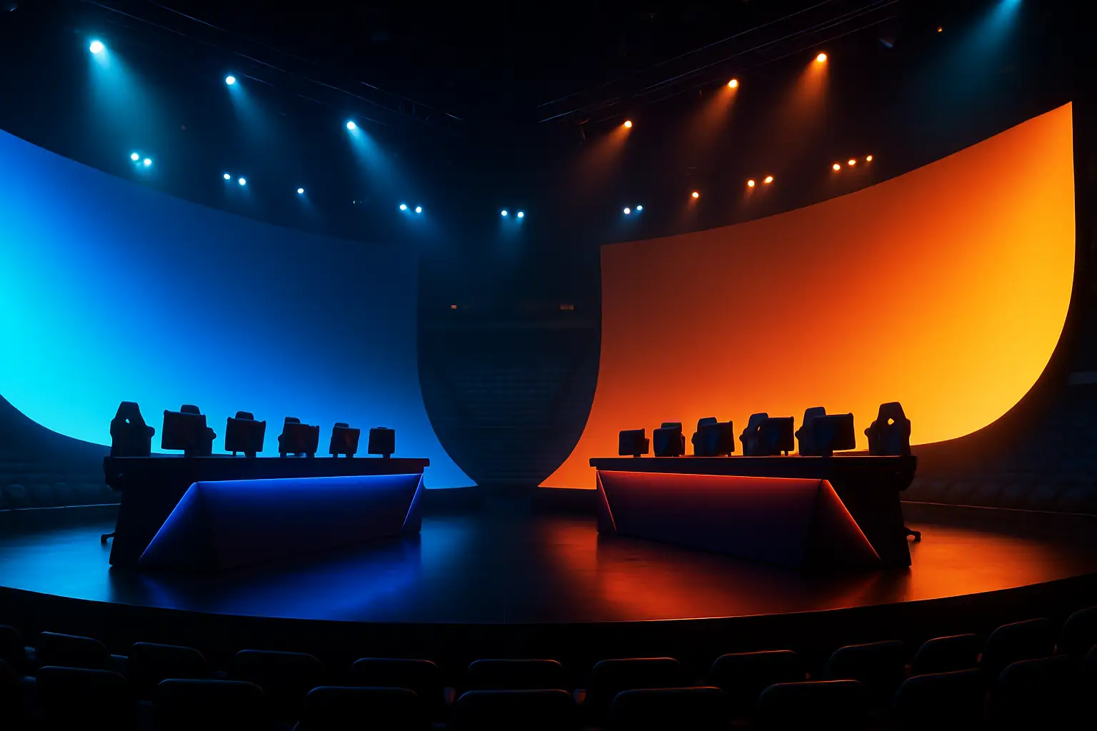 Two esports teams facing off on a large stage with glowing screens and a competitive gaming arena backdrop