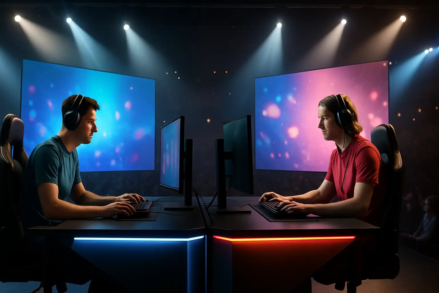 Competitive esports players facing off on a large stage under dramatic lighting at a major tournament